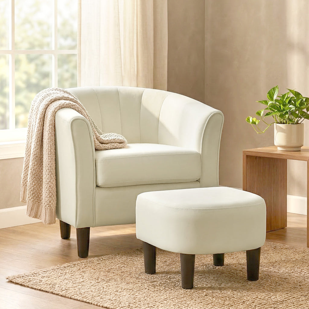 Accent Chair Modern Upholstered Living Room Chair with Ottoman and Pocket Spring Cushion Cream White