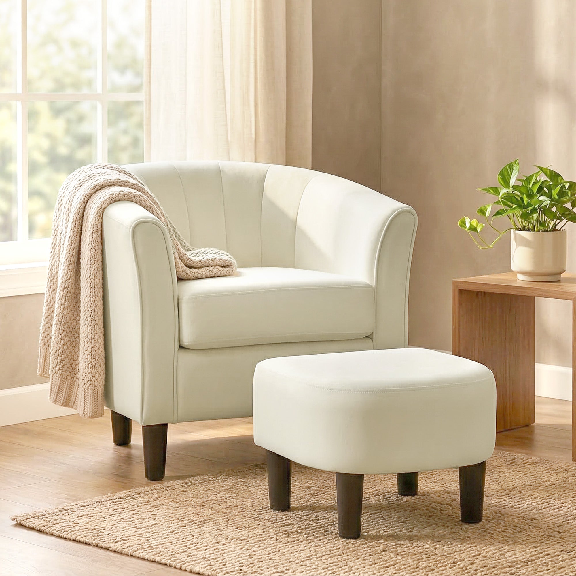 Accent Chair Modern Upholstered Living Room Chair with Ottoman and Pocket Spring Cushion Cream White