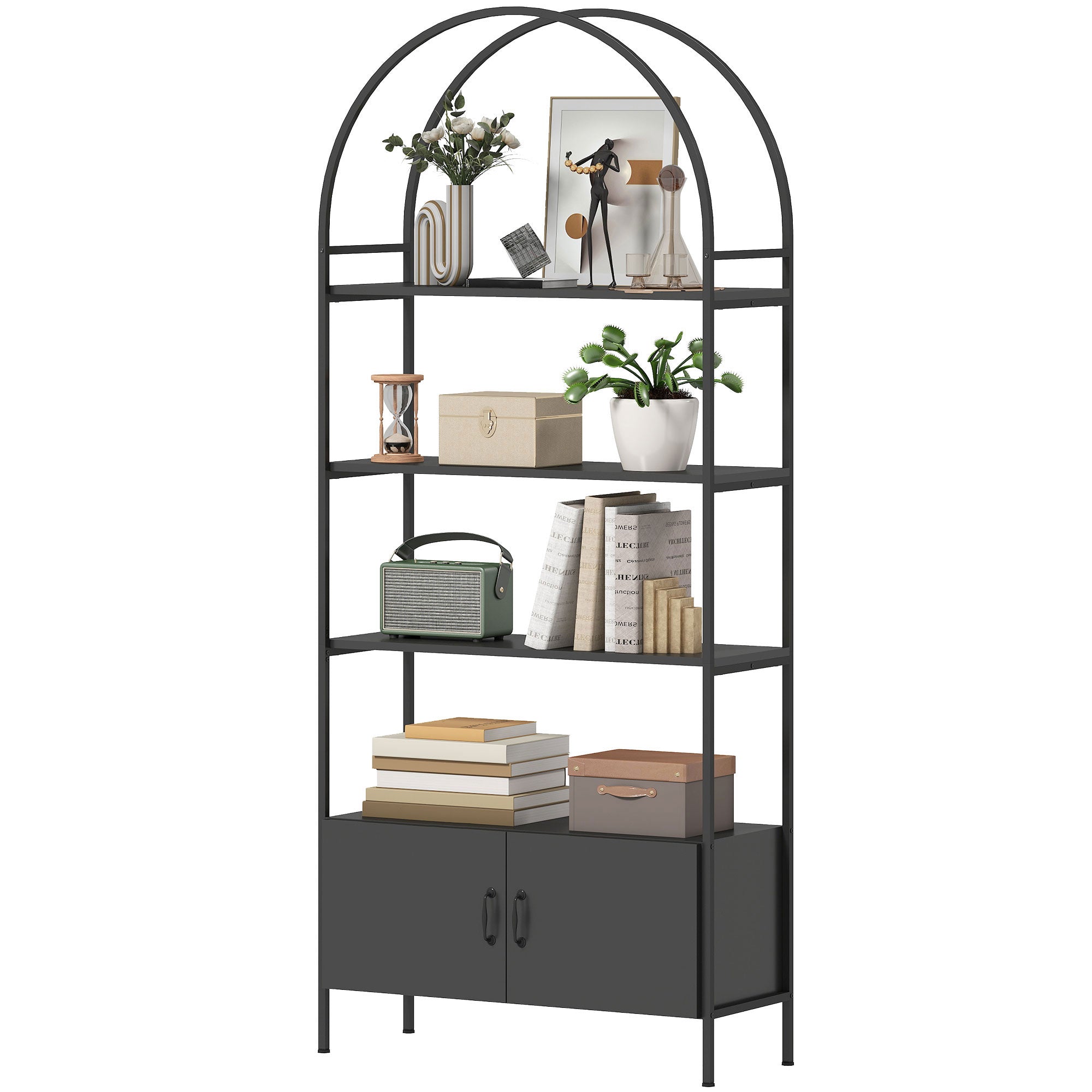 4-Tier Arched Shelving Unit with Cabinet, Bookshelf for Living Room, Office, 31.5" x 11.8" x 73.6", Black