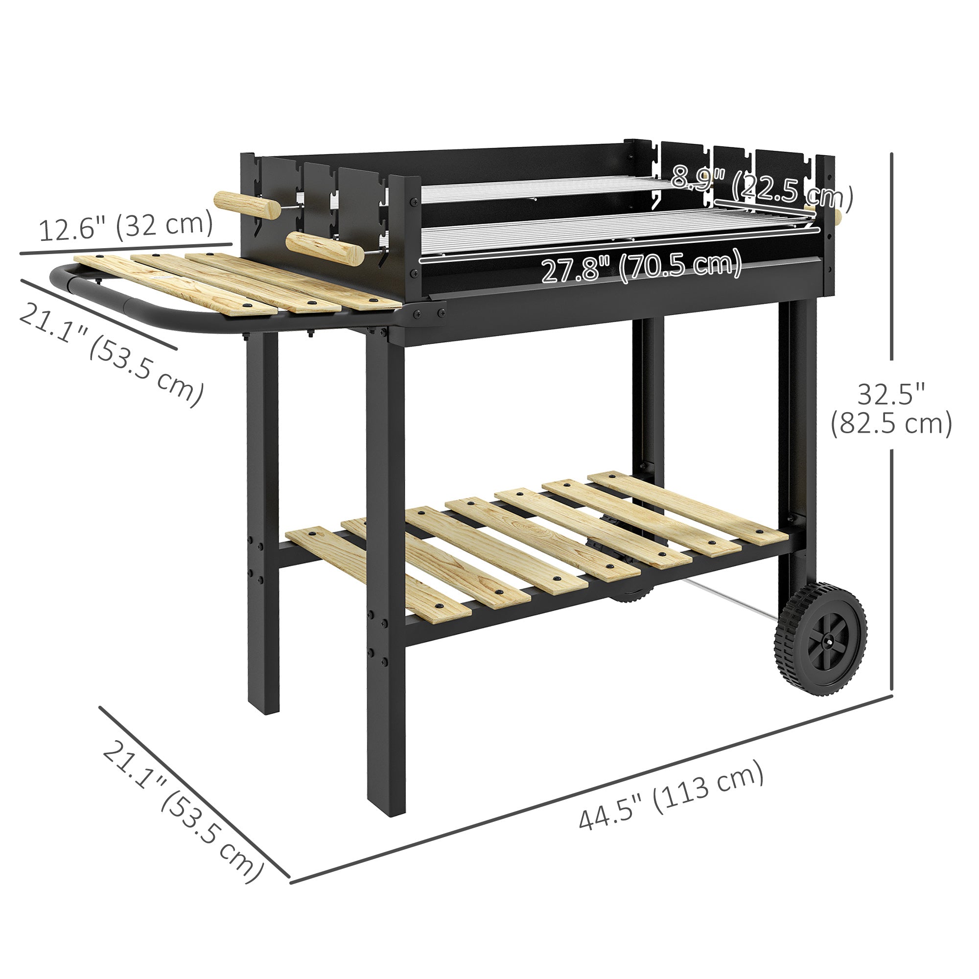 Charcoal Grill,BarbecueÂ Trolley with Double Adjustable Grill, Side Table, Storage Shelf and Wheels, Black