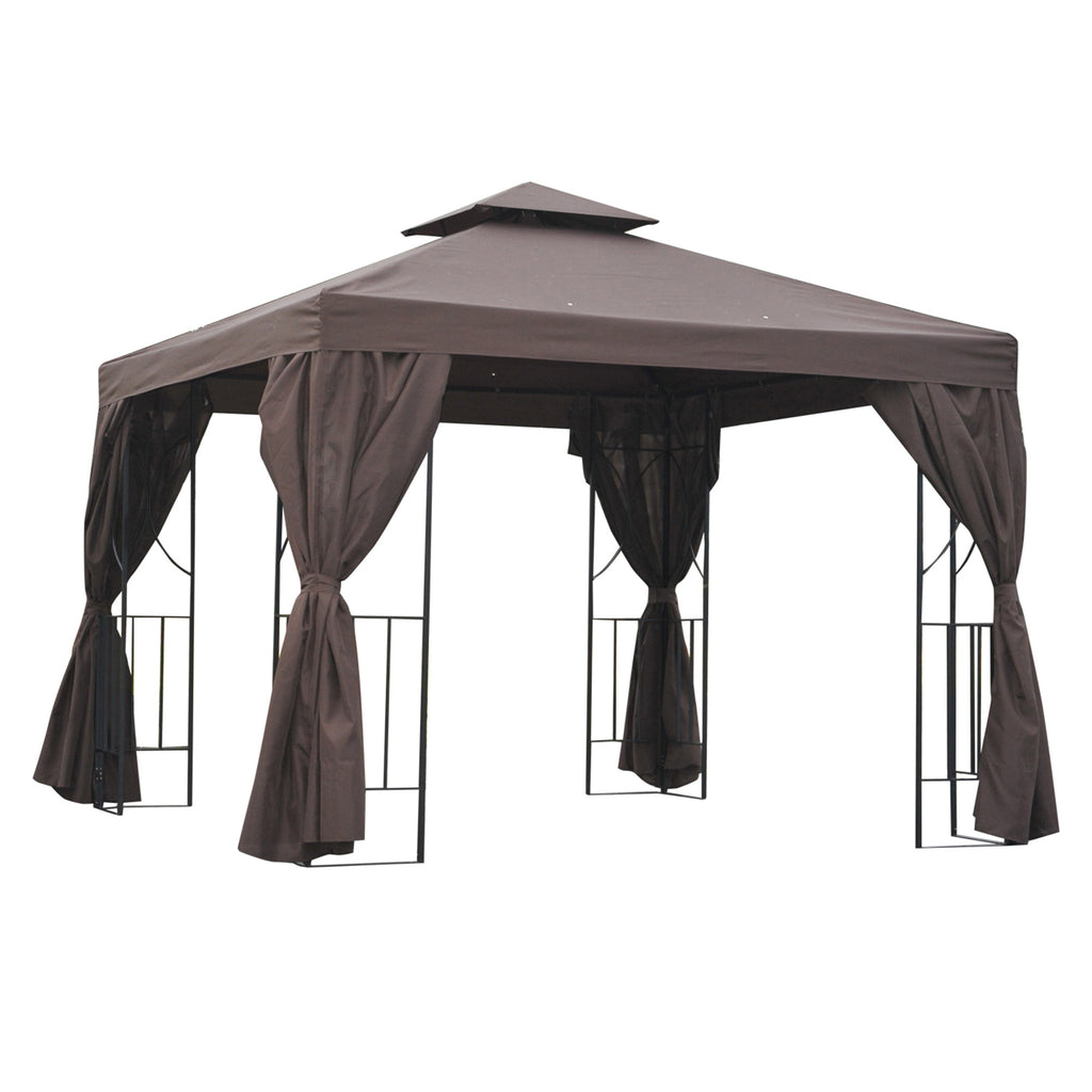 10' x 10' Patio Gazebo Outdoor, Canopy Shelter with Double-tier Roof, Pavilion Sidewalls for Garden Events, Brown