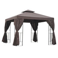 10' x 10' Patio Gazebo Outdoor, Canopy Shelter with Double-tier Roof, Pavilion Sidewalls for Garden Events, Brown