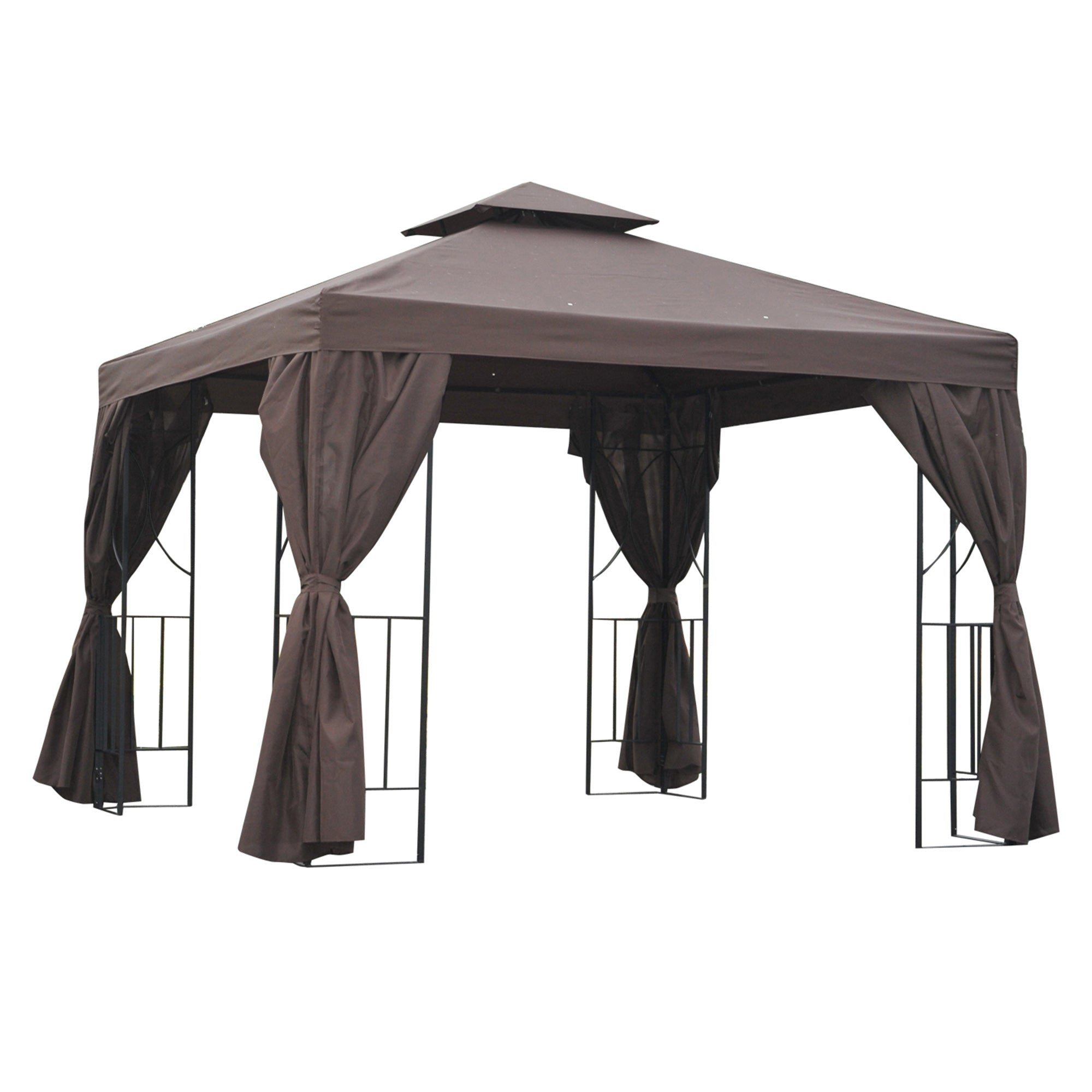 10' x 10' Patio Gazebo Outdoor, Canopy Shelter with Double-tier Roof, Pavilion Sidewalls for Garden Events, Brown