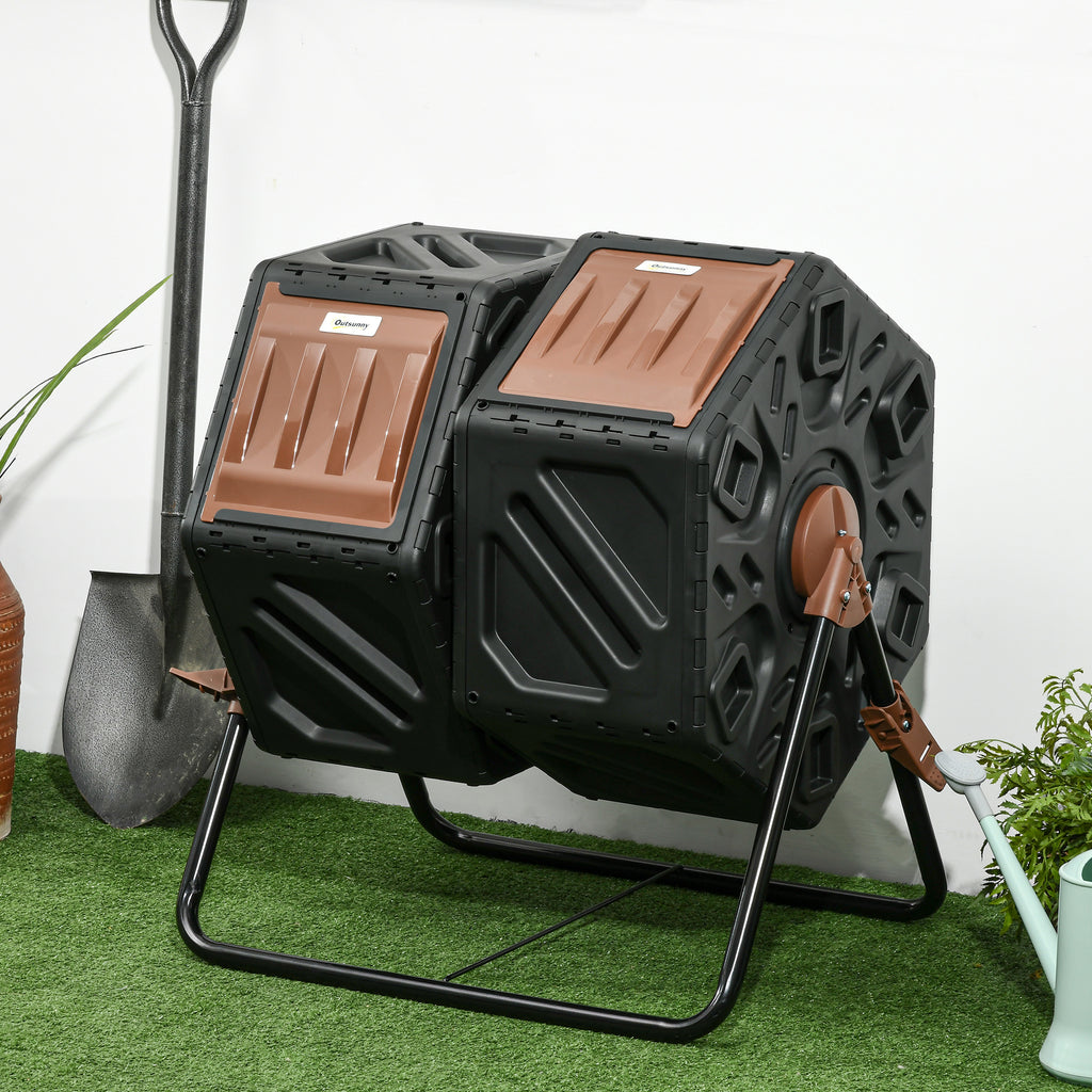 Rotating Composter, Dual Chamber Compost Bin with 24 Vents and Steel Legs, 34.5 Gallon, Brown