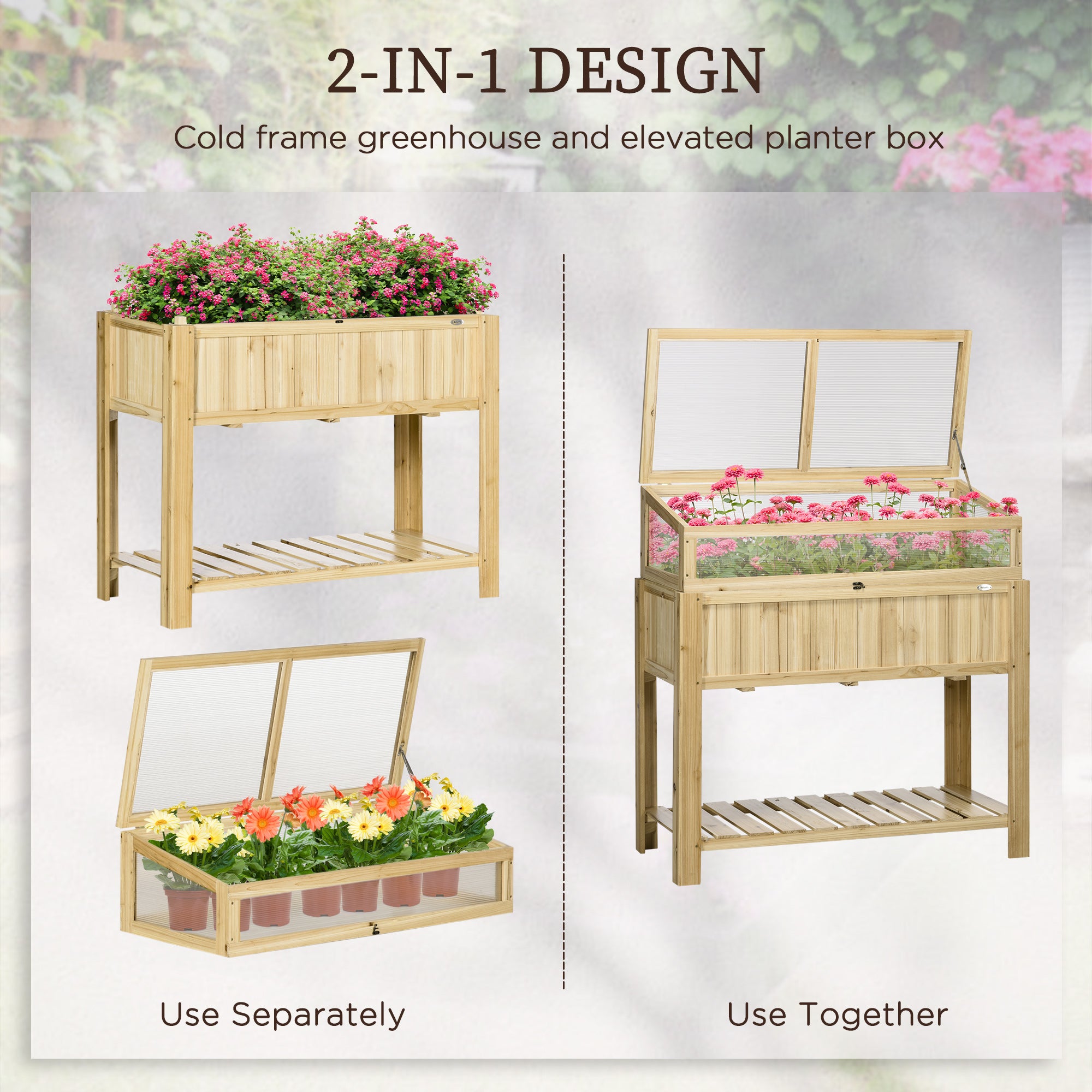 Raised Garden Bed, Outdoor Wooden & PVC Elevated Planter Box with Cold Frame Greenhouse and Storage Shelf, Natural