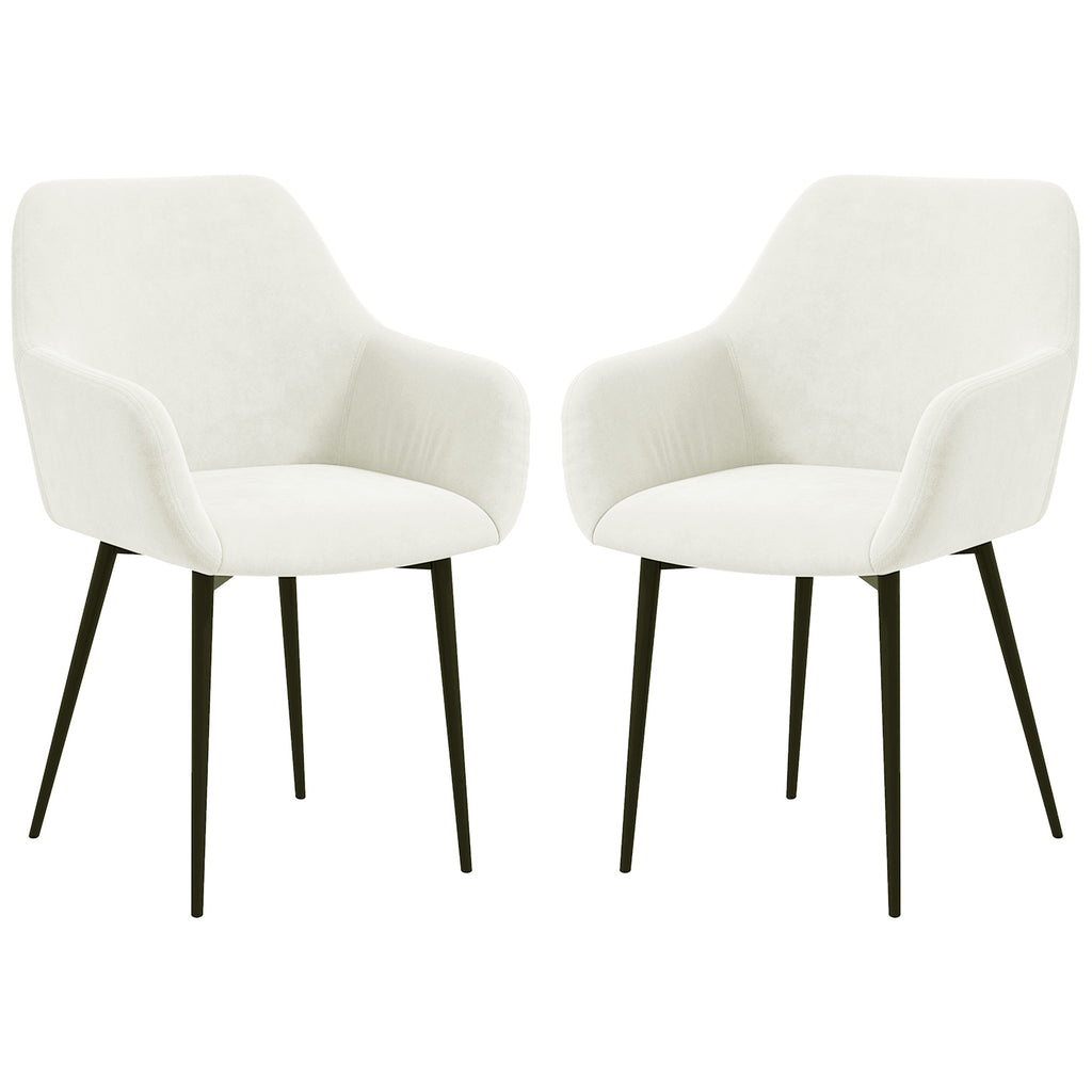 Dining Chairs Set of 2, Velvet-look Fabric Upholstered Kitchen Chairs with Backrest, Armrests and Steel Legs, Cream White
