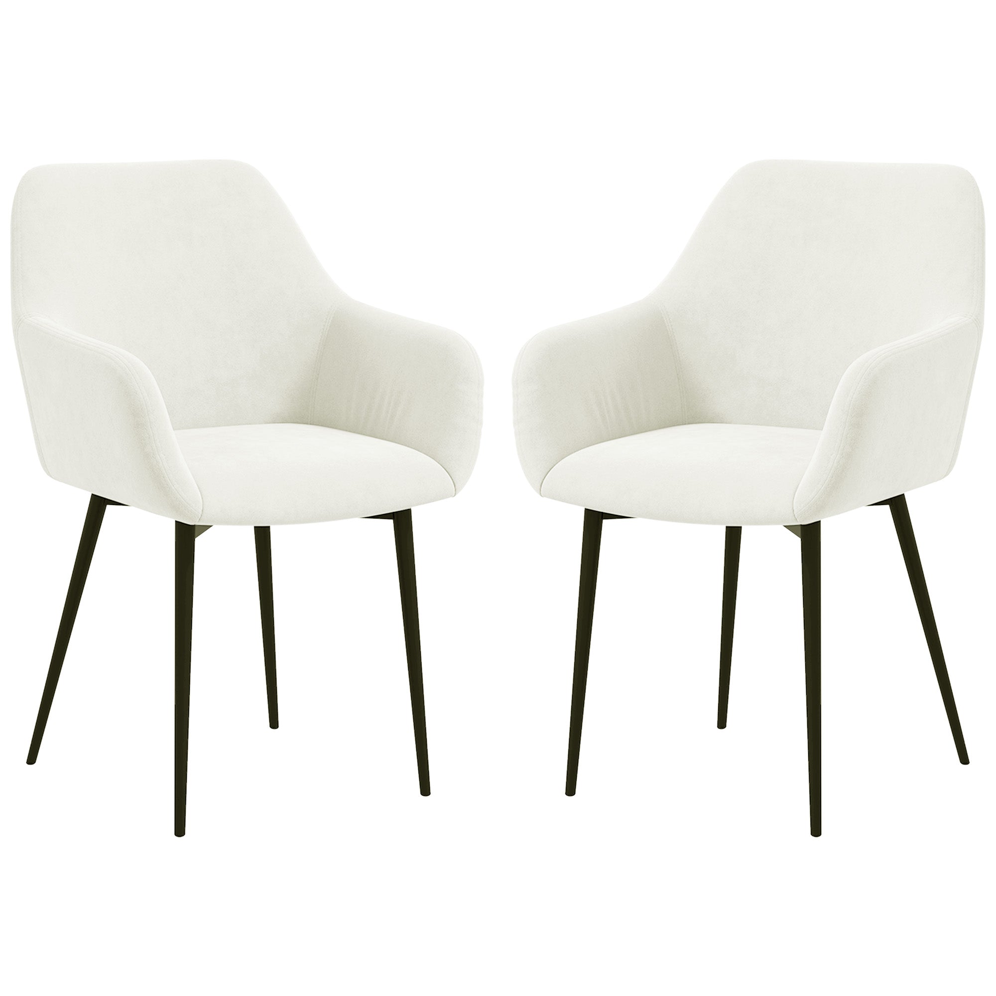 Dining Chairs Set of 2, Velvet-look Fabric Upholstered Kitchen Chairs with Backrest, Armrests and Steel Legs, Cream White