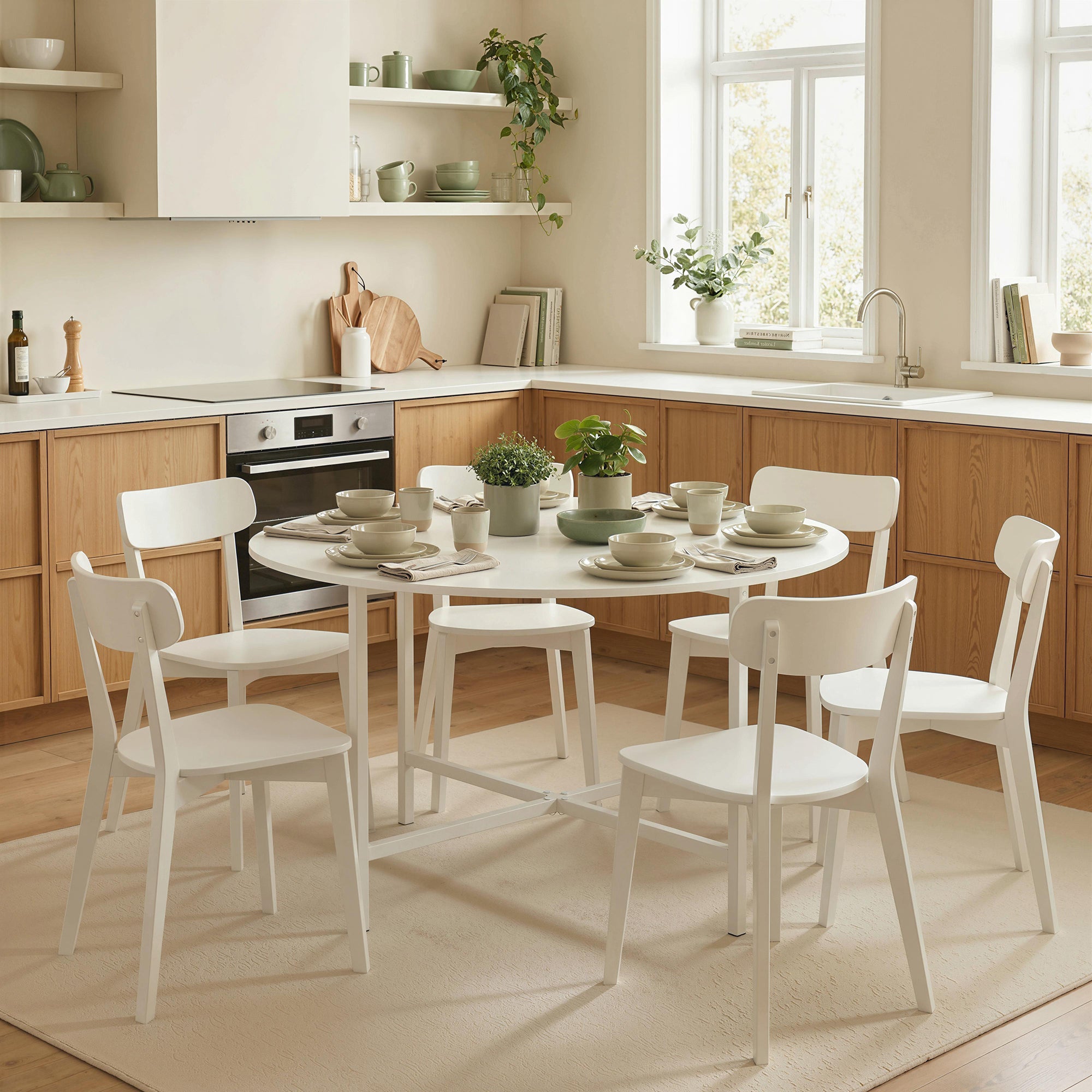 Folding Dining Table for 3-6 People, 47" Round Drop Leaf Kitchen Table with Steel Frame, White