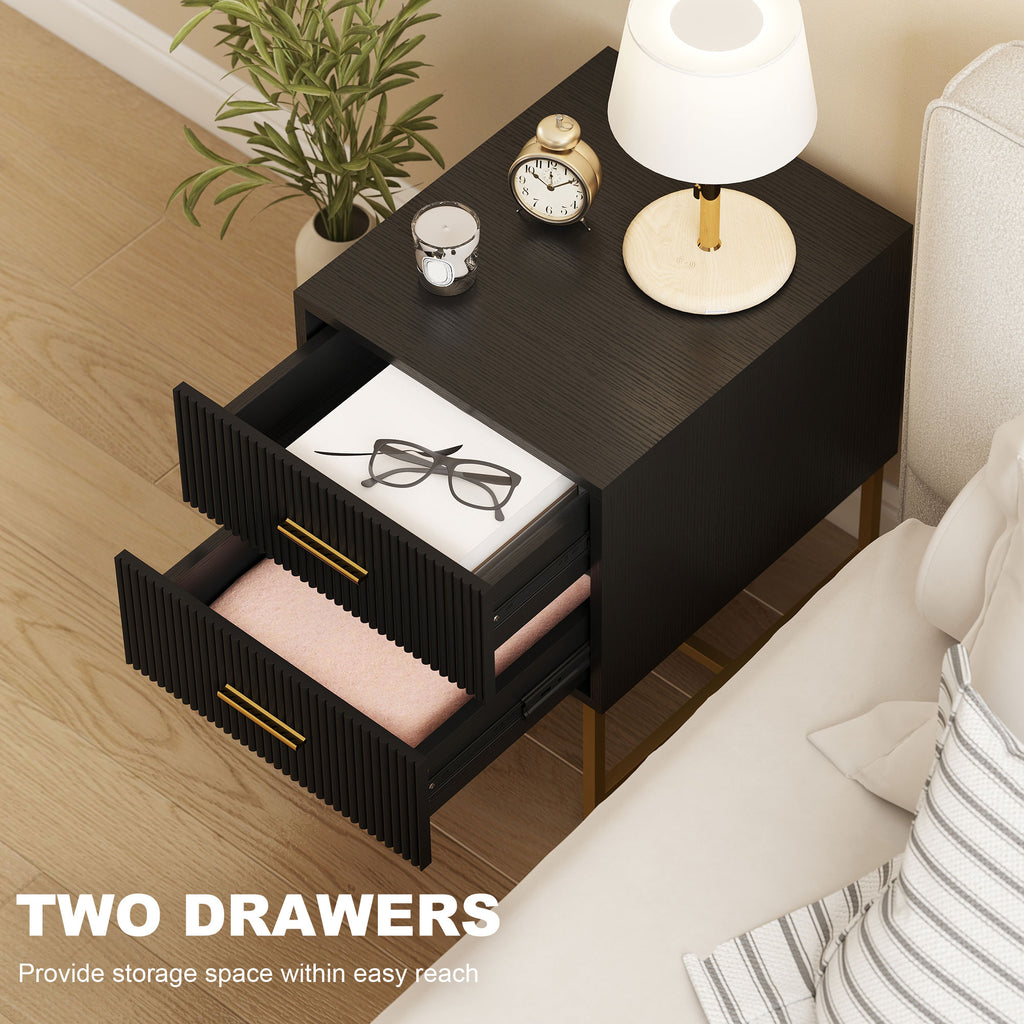 2 Pieces Nightstands with Storage, Modern Bedside Tables with 2 Fluted Drawers and Gold Legs for Bedroom, Black