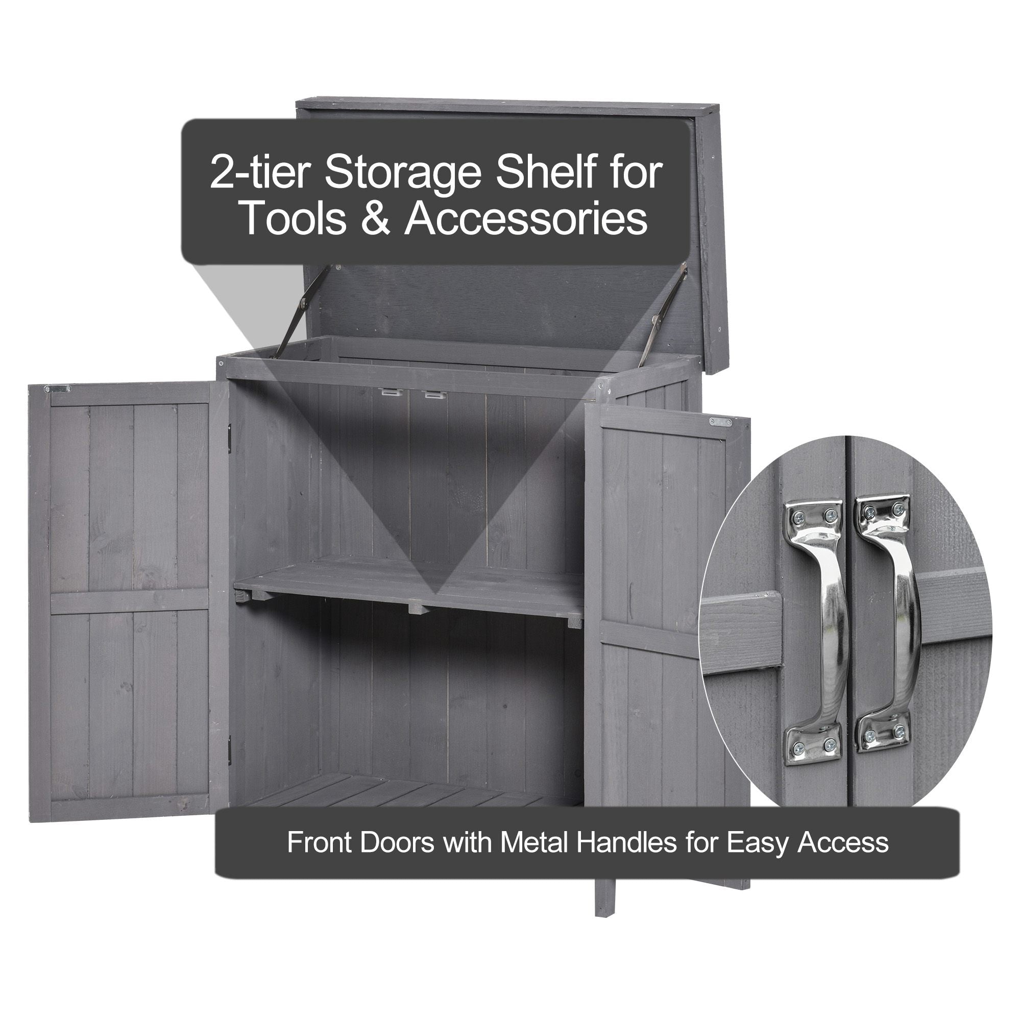 Wooden Garden Tool Storage Shed Kit with Hinged Roof, 2-Tier Shelves and Double Doors, 74x43x88cm, Dark Grey