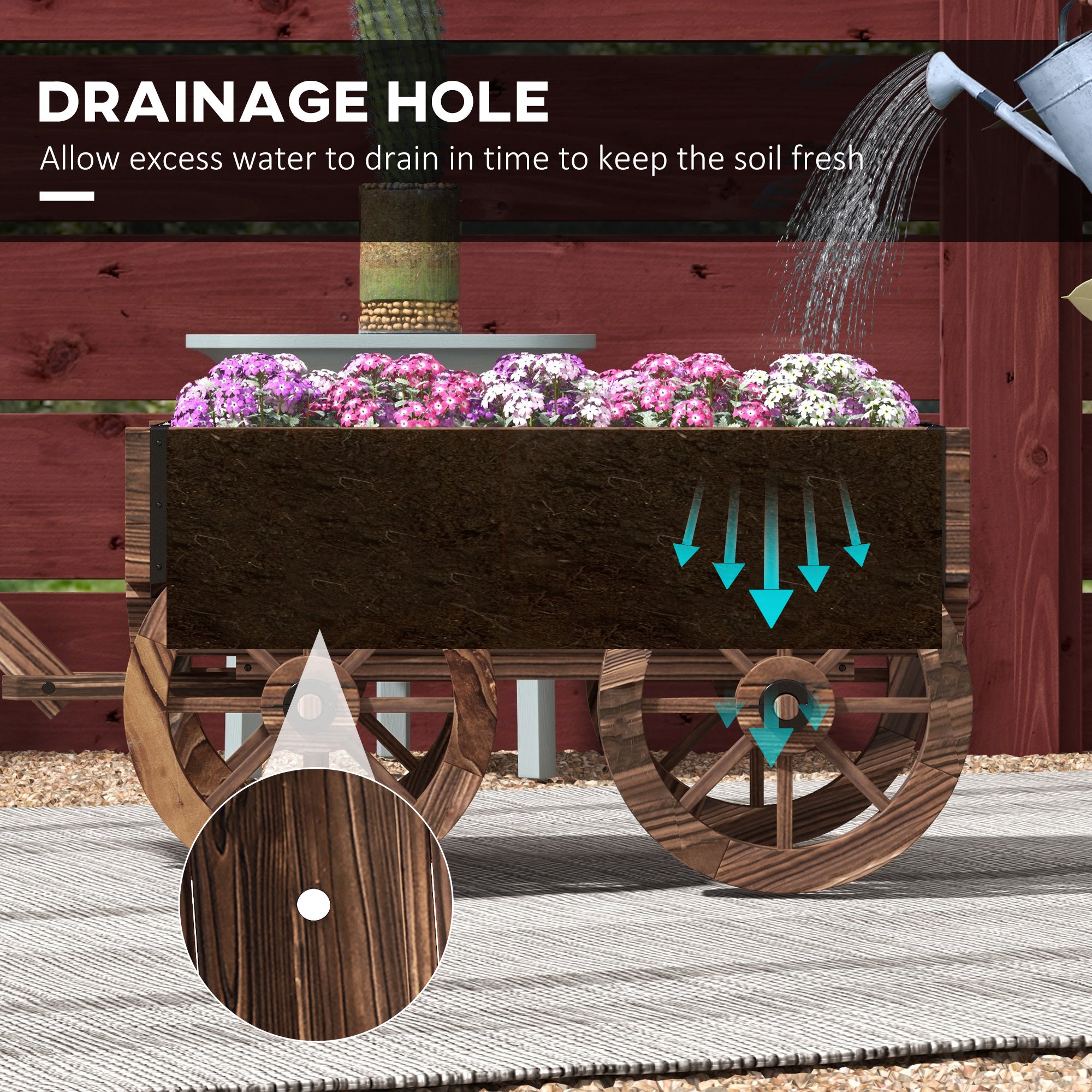 Raised Garden Bed, Wooden Wagon Planter Boxes with Drainage Holes, for Vegetables Flowers Herbs, Carbonized