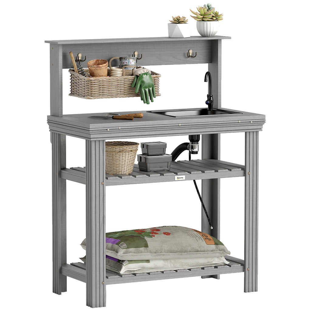 Outdoor Potting Bench Table with Faucet, Removable Sink, Hooks and Storage Shelves, Wood Work Bench Workstation, Grey