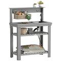 Outdoor Potting Bench Table with Faucet, Removable Sink, Hooks and Storage Shelves, Wood Work Bench Workstation, Grey