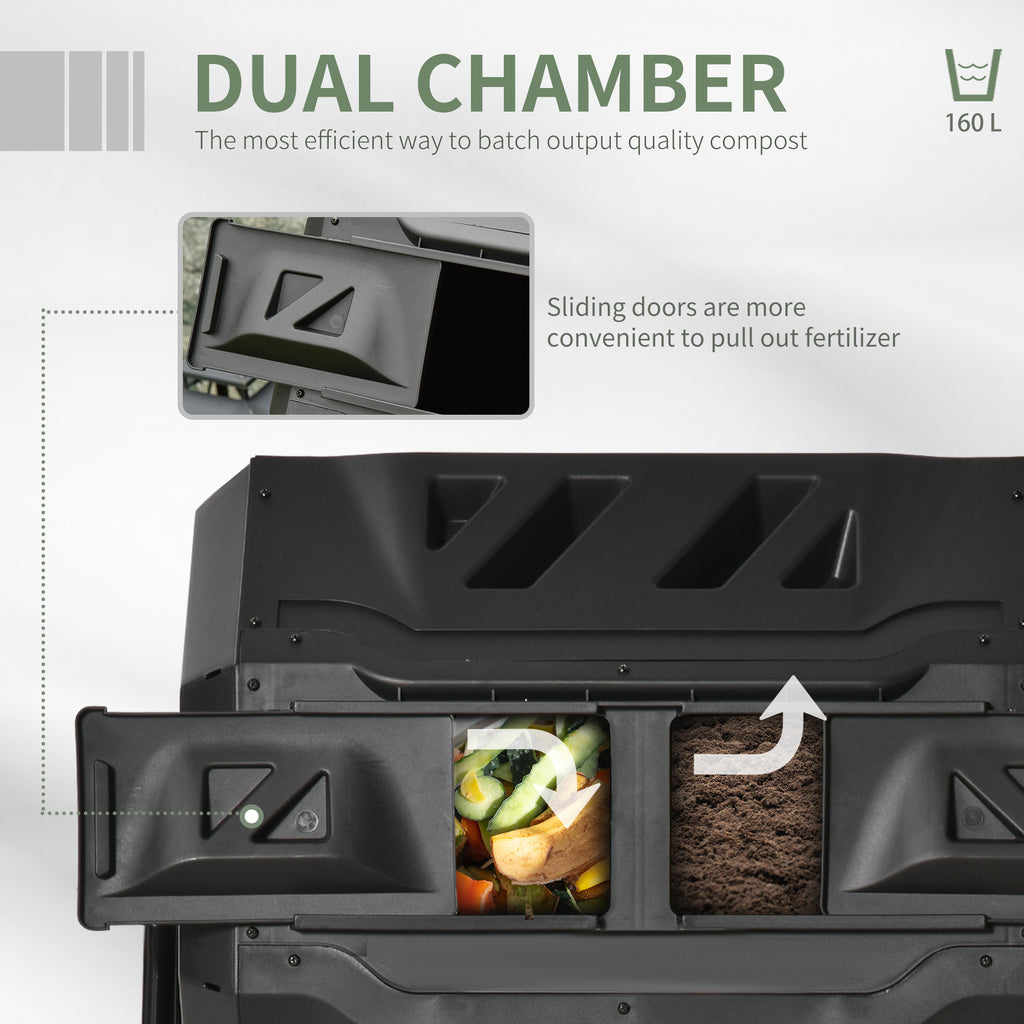 43 Gallon (160L) Tumbling Compost Bin Outdoor Dual Chamber 360Â° Rotating Composter with Sliding Doors, Solid Steel Frame and Gloves, Black