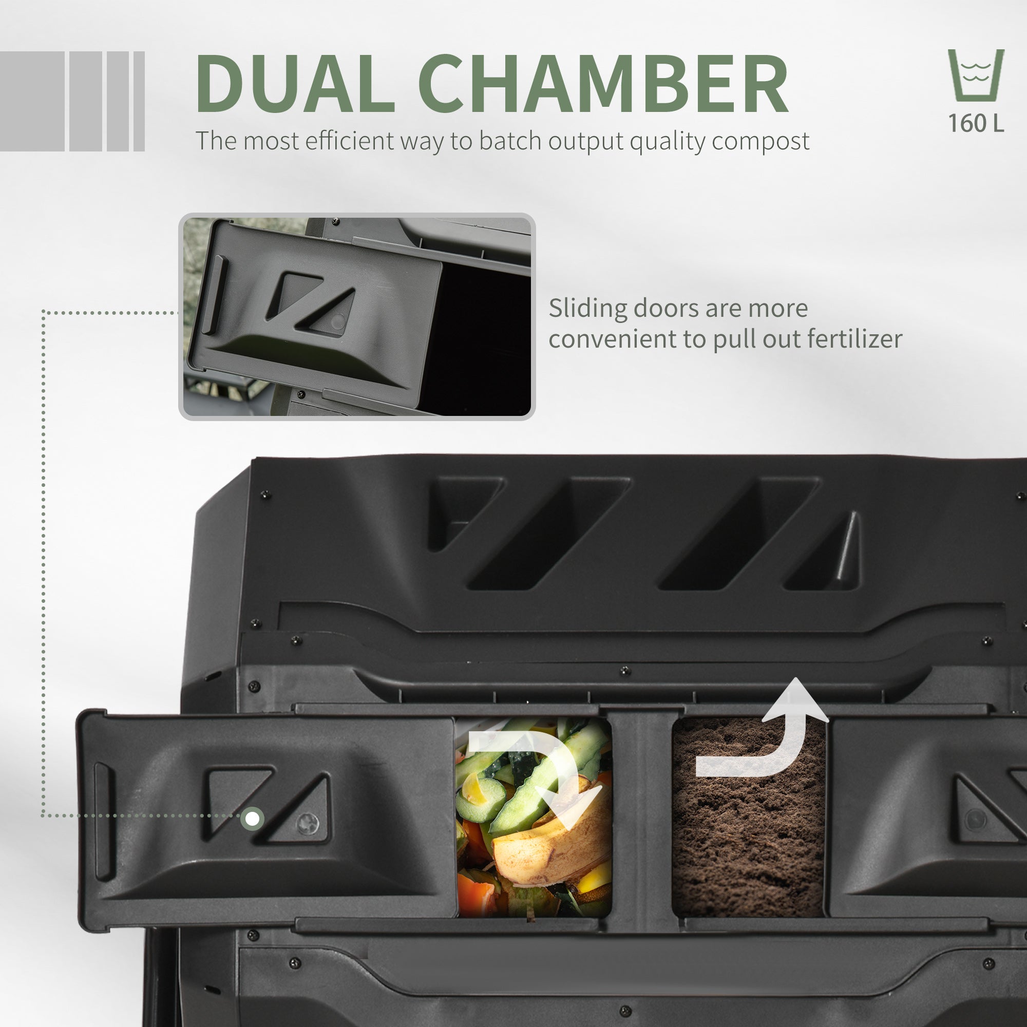 43 Gallon (160L) Tumbling Compost Bin Outdoor Dual Chamber 360Â° Rotating Composter with Sliding Doors, Solid Steel Frame and Gloves, Black