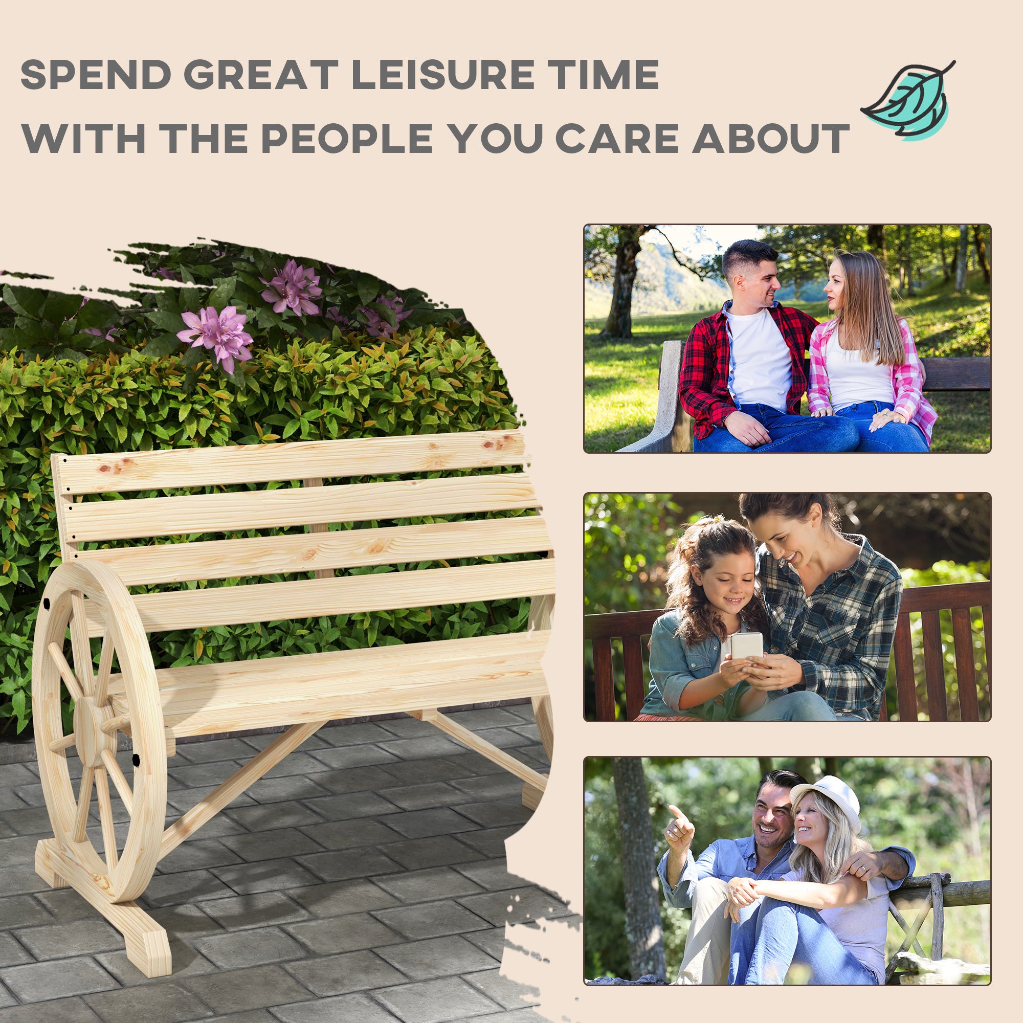 42" Wood Wagon Wheel Bench Garden Loveseat Rustic Seat, Natural Wood
