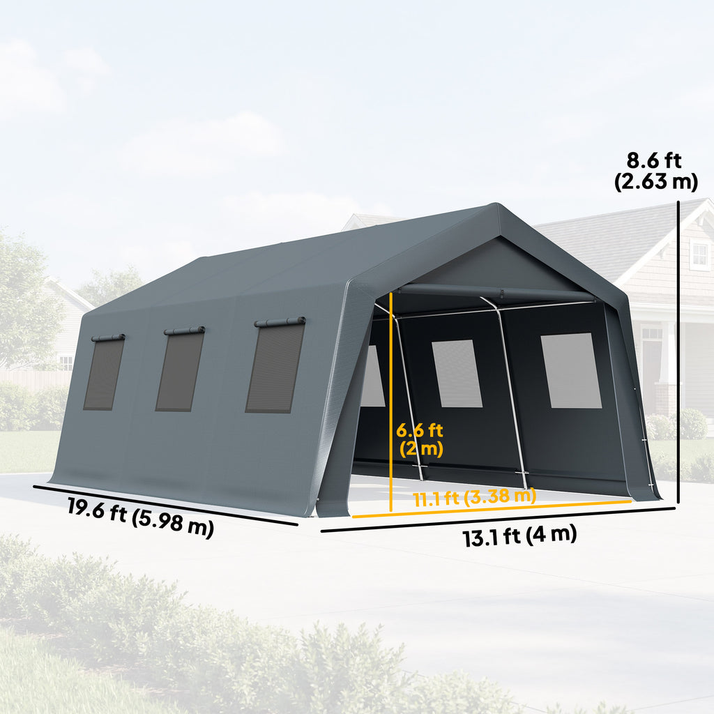 20 x 13 ft Carport, Portable Garage with Roll-Up Door and Windows, PE Canopy, Steel Frame, Dark Grey