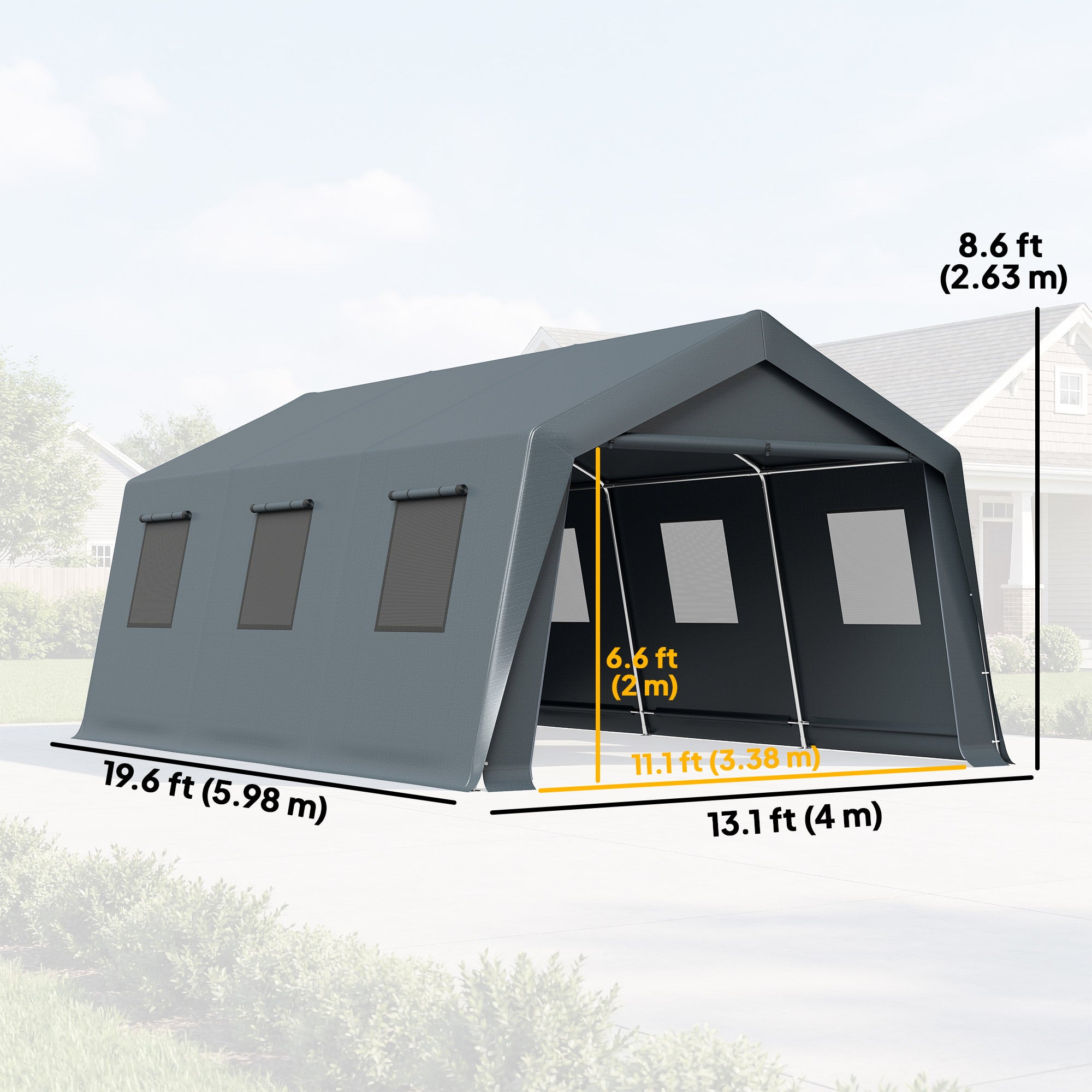 20 x 13 ft Carport, Portable Garage with Roll-Up Door and Windows, PE Canopy, Steel Frame, Dark Grey