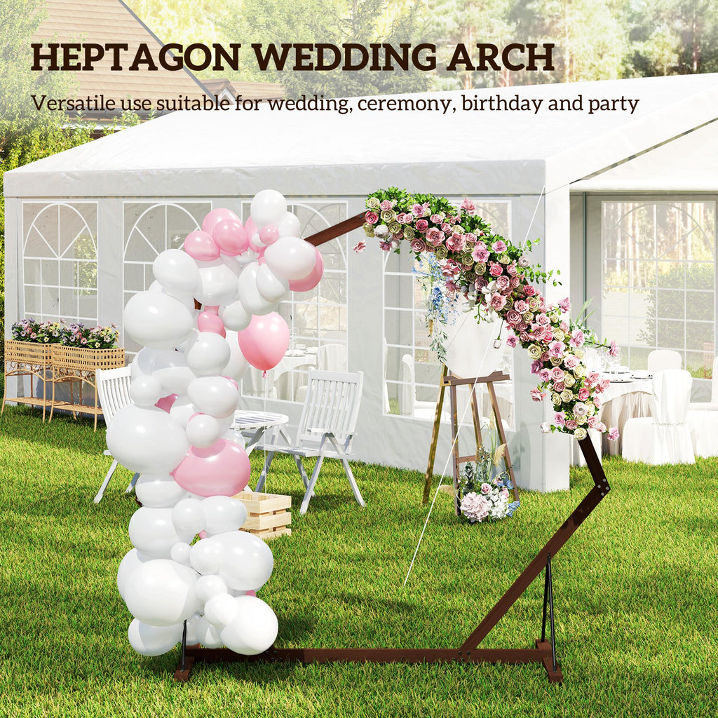 7FT Heptagon Wooden Wedding Arch with Triangular Base, Ground Stakes for Ceremony, Garden, Birthday, Brown