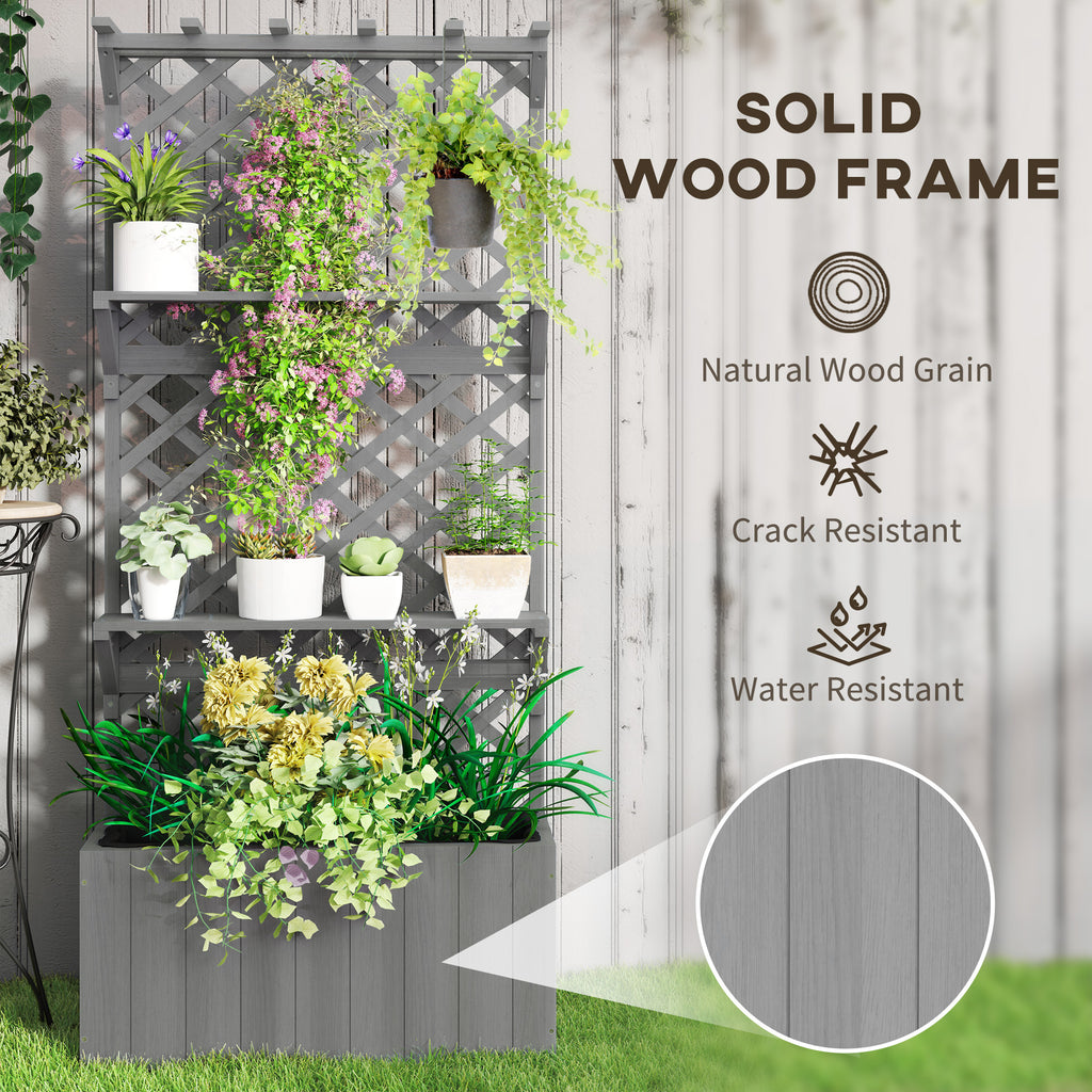 Raised Garden Bed, Wooden Planter with Trellis, Hanging Roof, Plant Shelf, Drainage Holes and Bed Liner, Grey