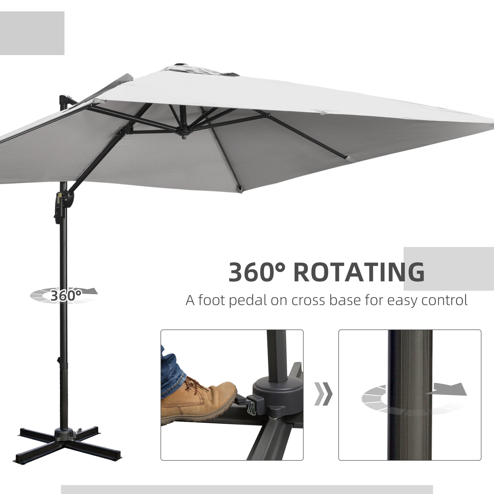 9ft Cantilever Patio Umbrella, Square Overhanging Umbrella with Cross Base, Crank Handle, Tilt Light Grey