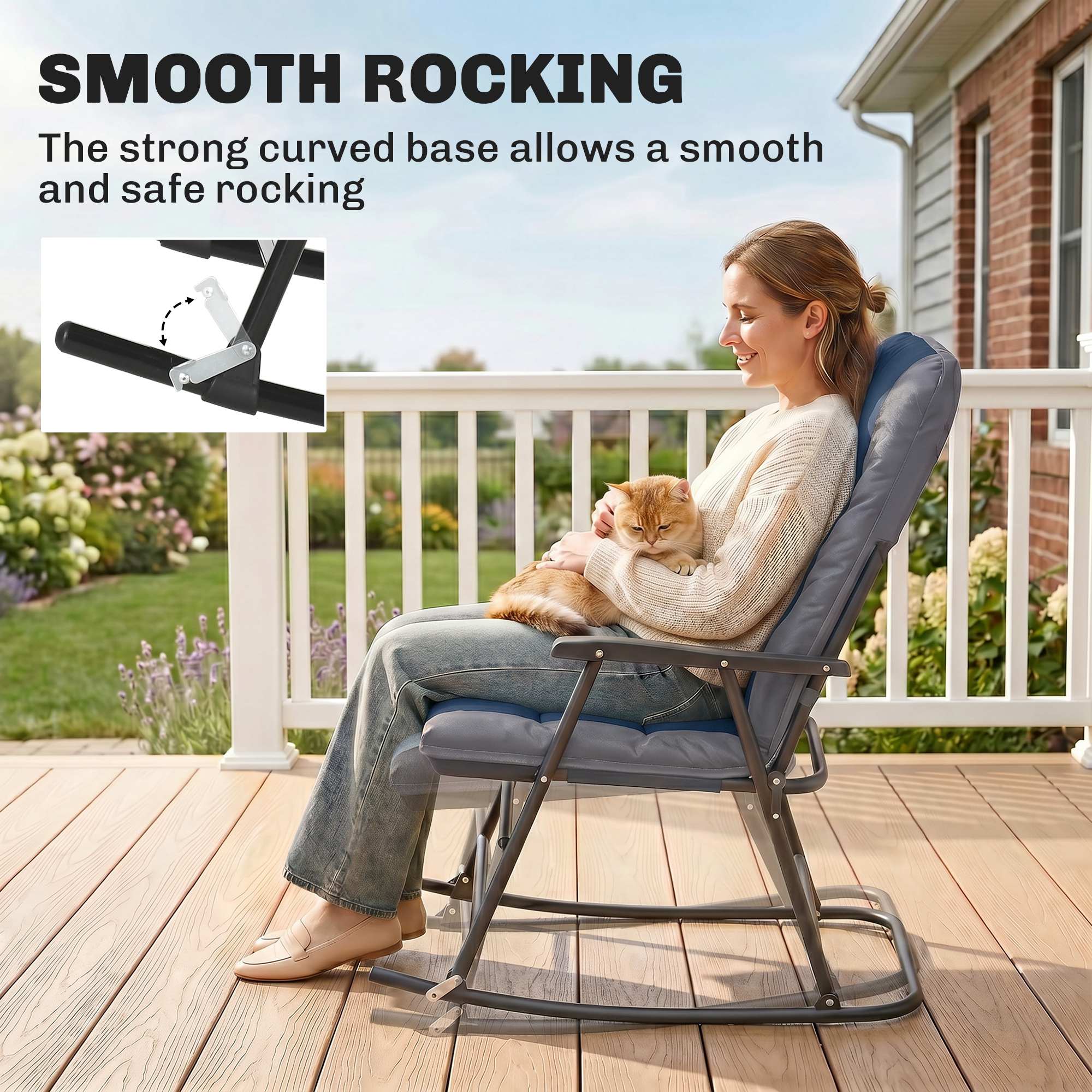 Folding Rocking Chair Set of 2 Padded Rockers with Armrest, Navy Blue