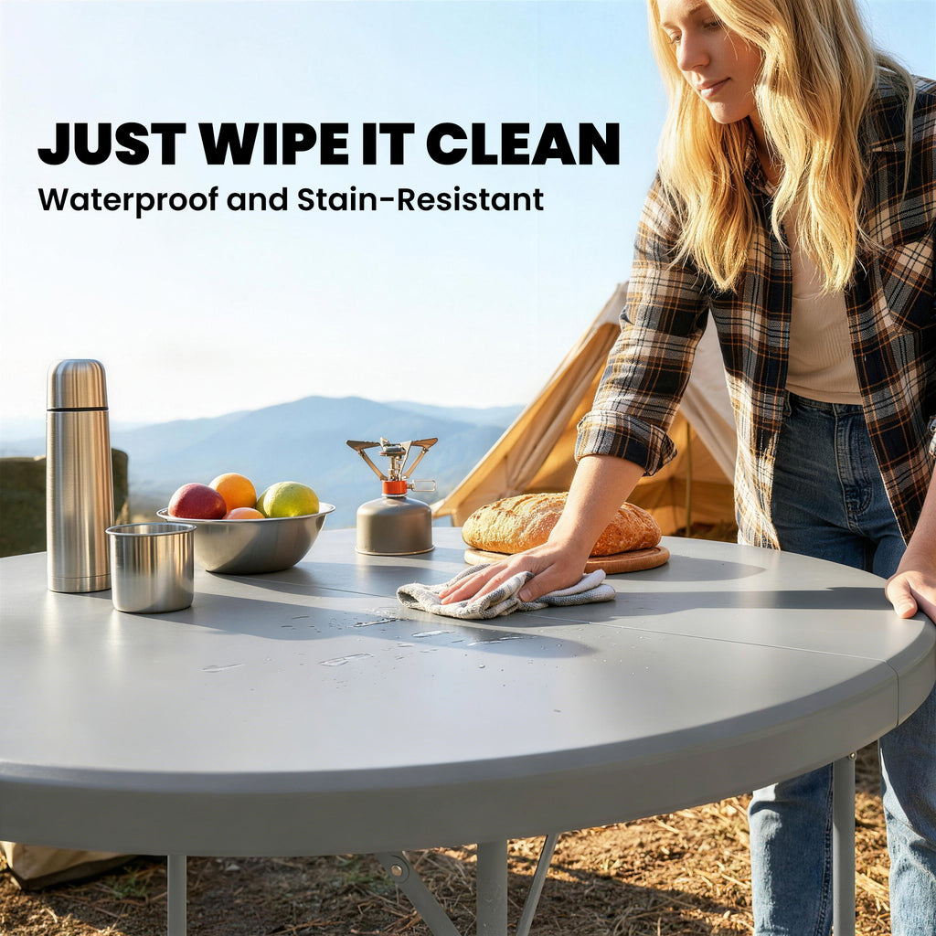 4ft Plastic Folding Picnic Table, Camping Table with Anti-Slip Foot Pads, Indoor Outdoor for Beach, BBQ, Grey