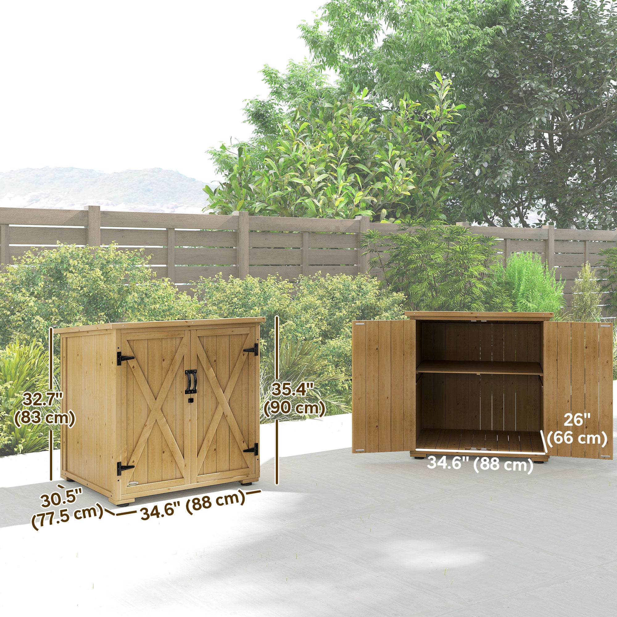 Wooden Outdoor Storage Cabinet, Garden Shed Potting Shed with Shelf and Double Doors, Natural