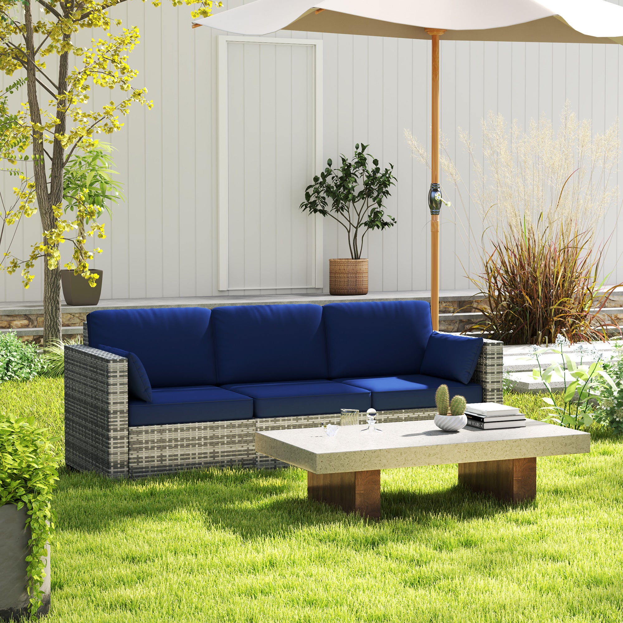 3-Seater Patio Sofa with Cushions, Rattan Conversation Set with Steel Frame & Washable Cushion Covers, Dark Blue