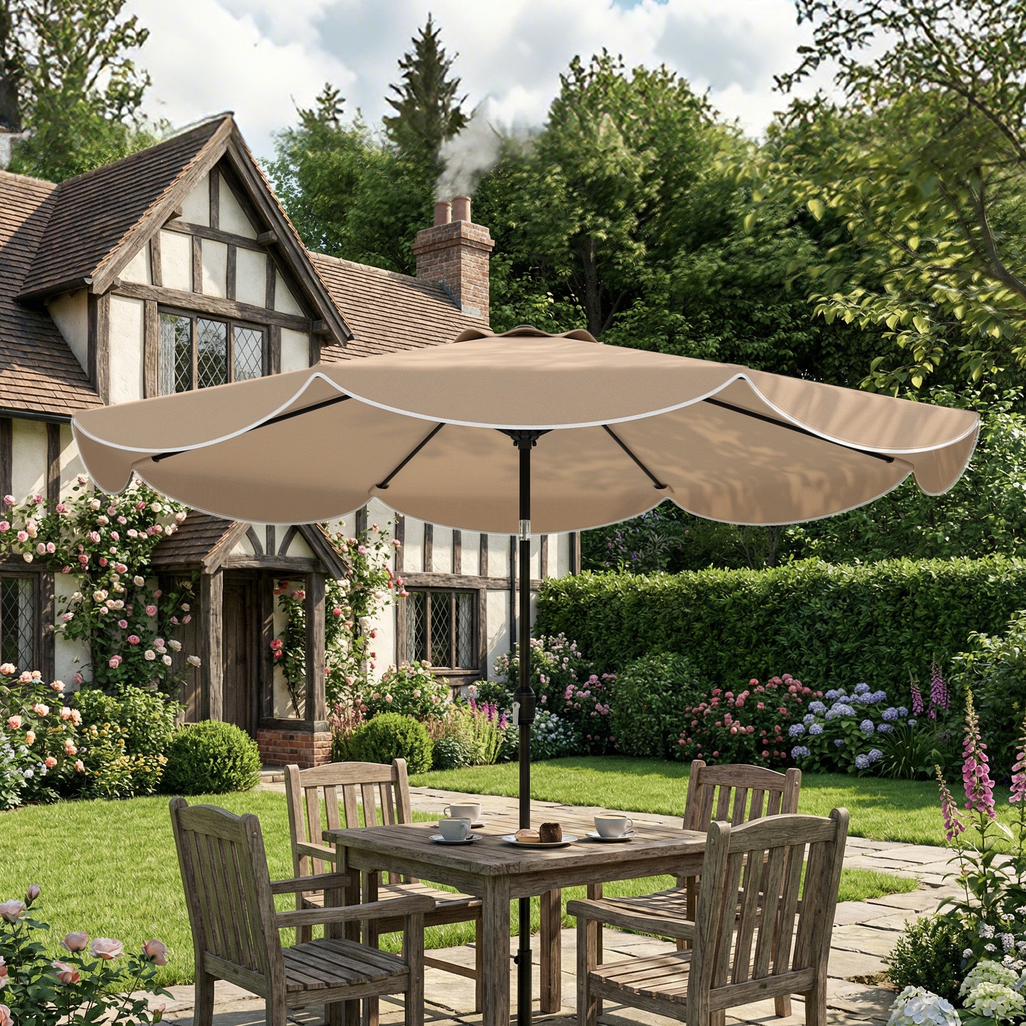 9' x 9' Round Market Umbrella with Valance, Patio Umbrella with Tilt and Crank, for Garden, Deck, Poolside, Khaki