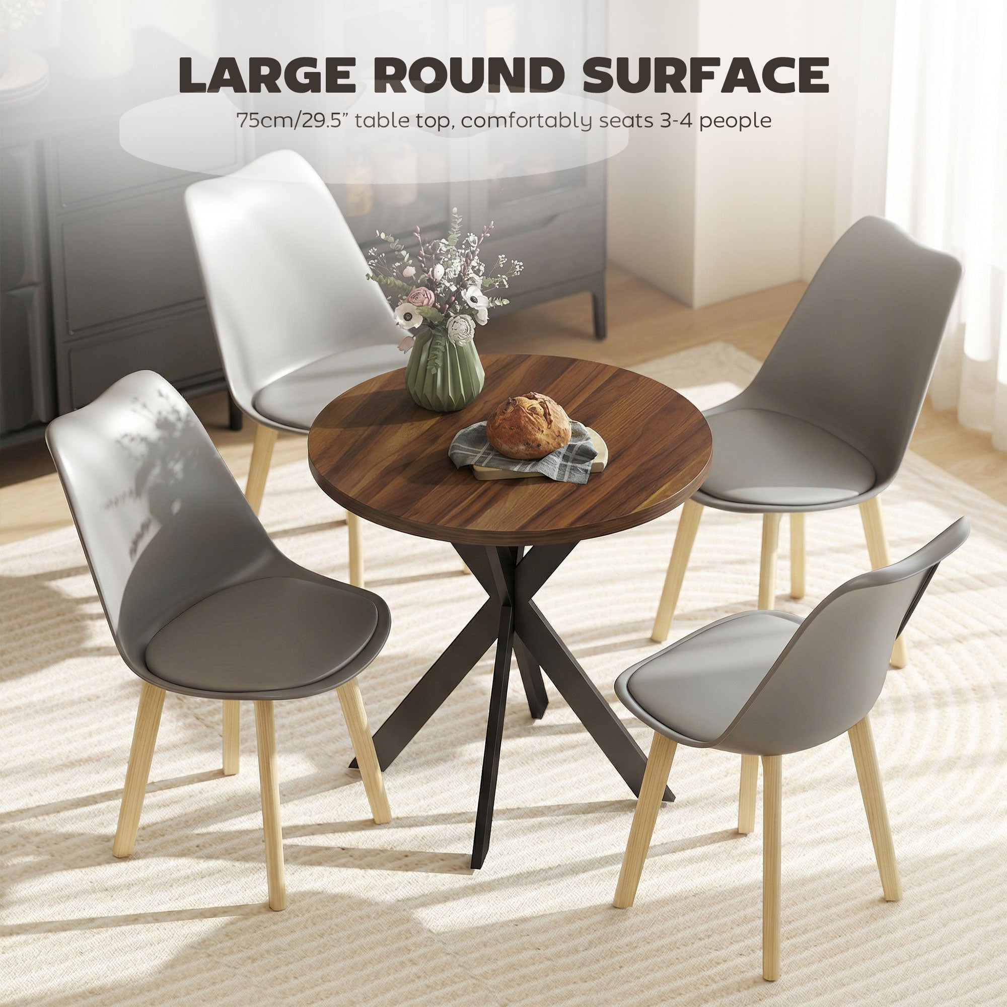 29" Dining Table, Contemporary Round Kitchen Table with Steel Legs, Walnut
