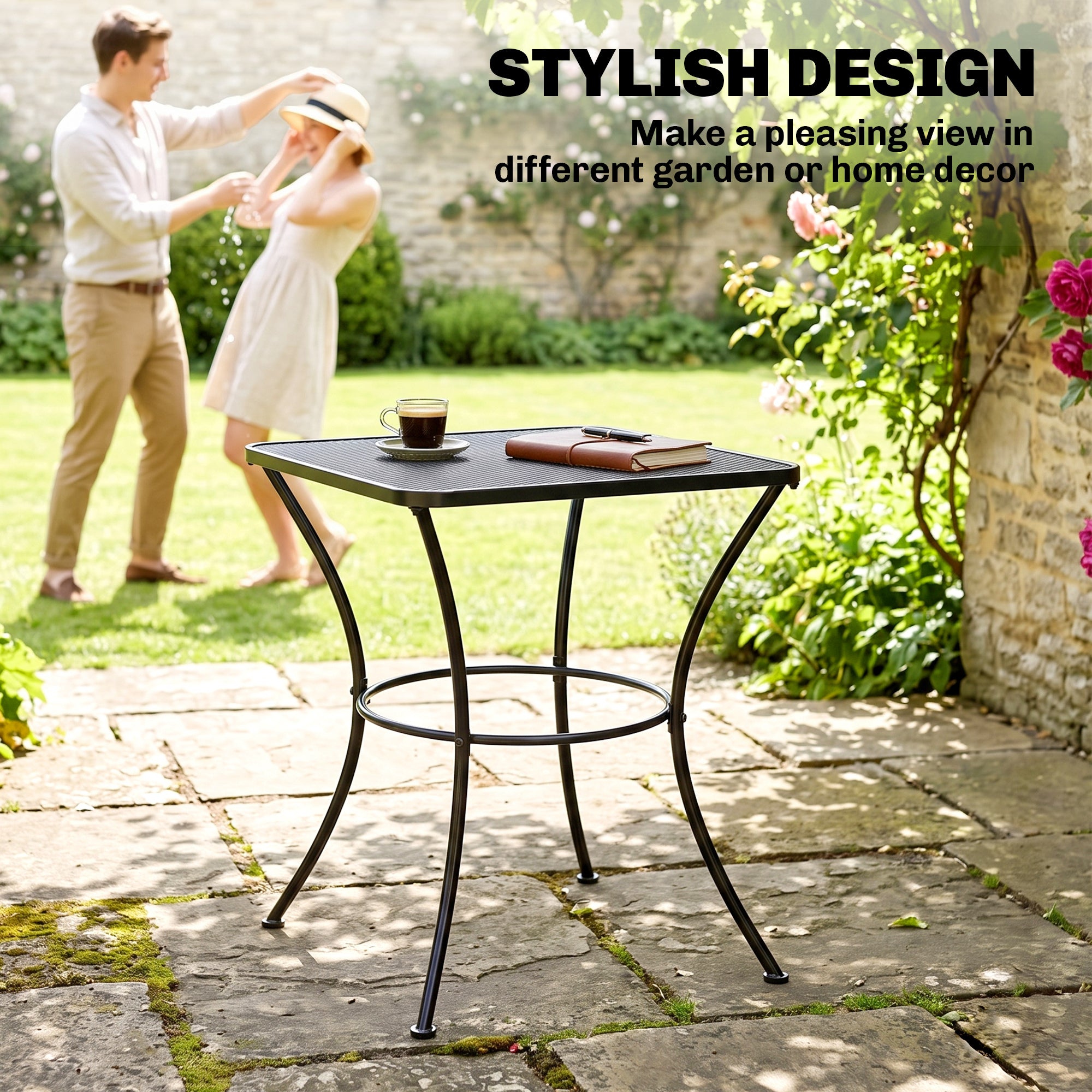 Square Garden Metal Bistro Table Outdoor Patio Coffee Side Desk 23.6" x 23.6" x 27.6" Black