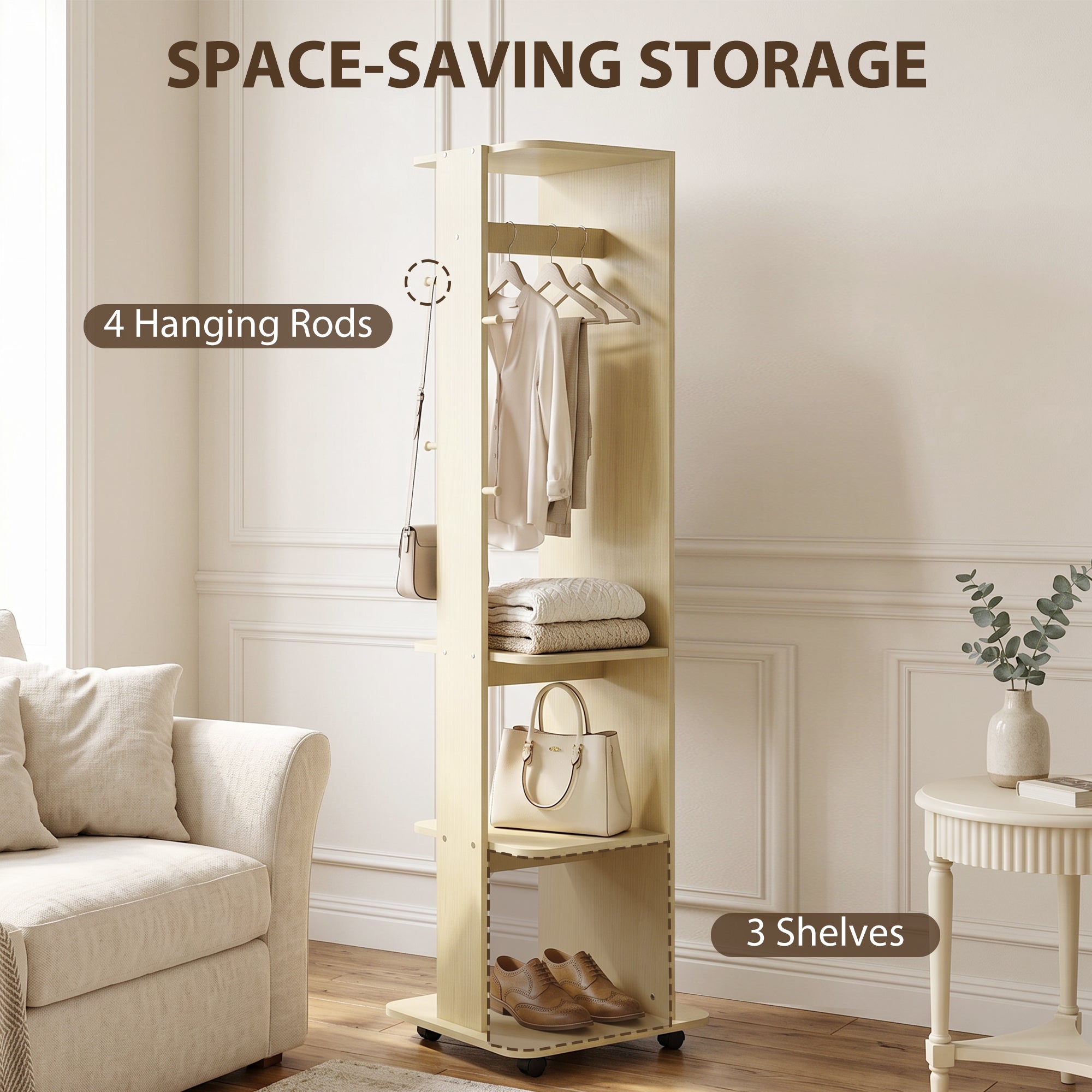 15" x 62" Full Length Mirror, Tempered Glass Floor Mirror on Wheels with Storage Shelves, Coat Hangers, Natural Wood