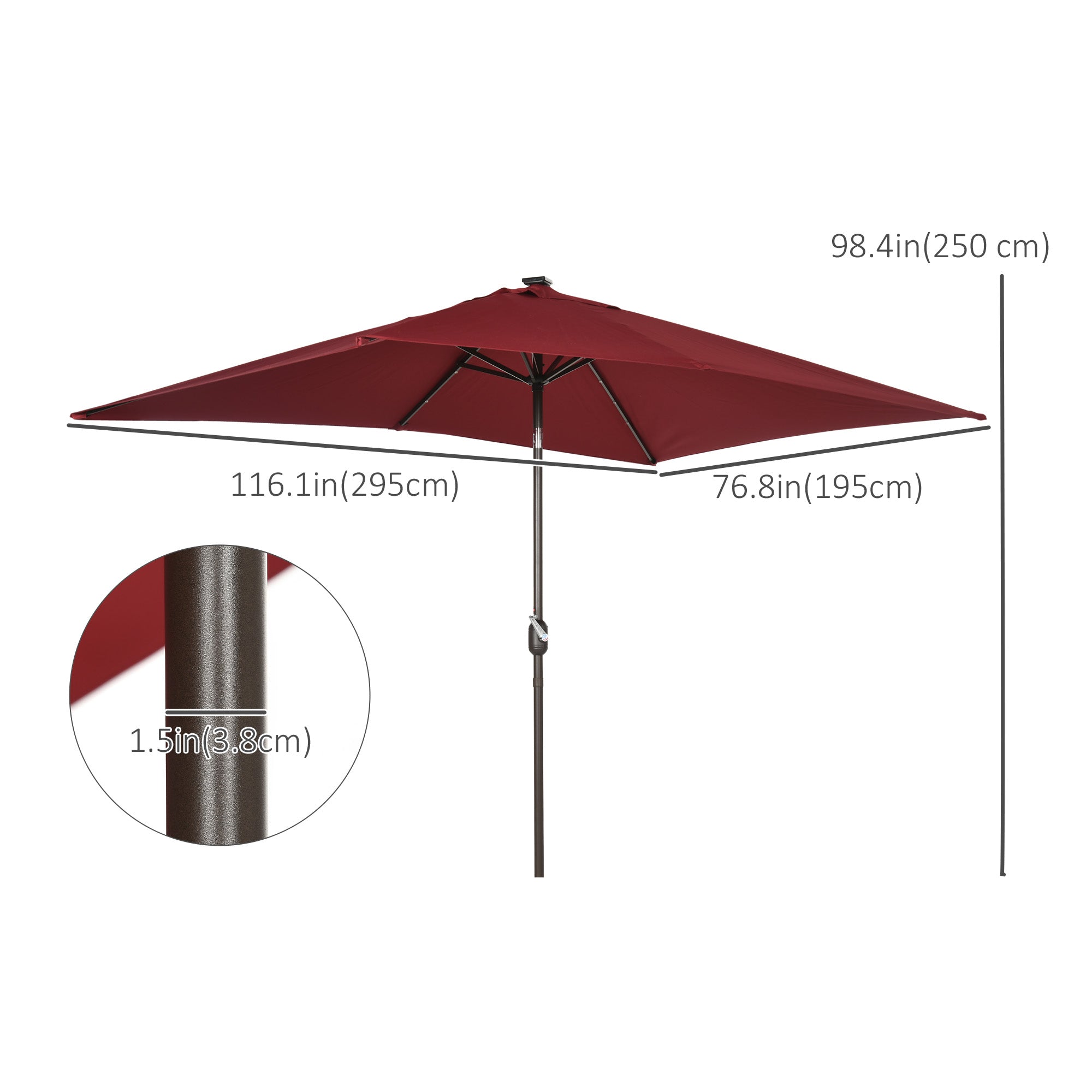 6.5x10ft Patio Umbrella Rectangle Solar Powered Tilt Aluminum Outdoor Market Parasol with LEDs Crank (Wine Red)