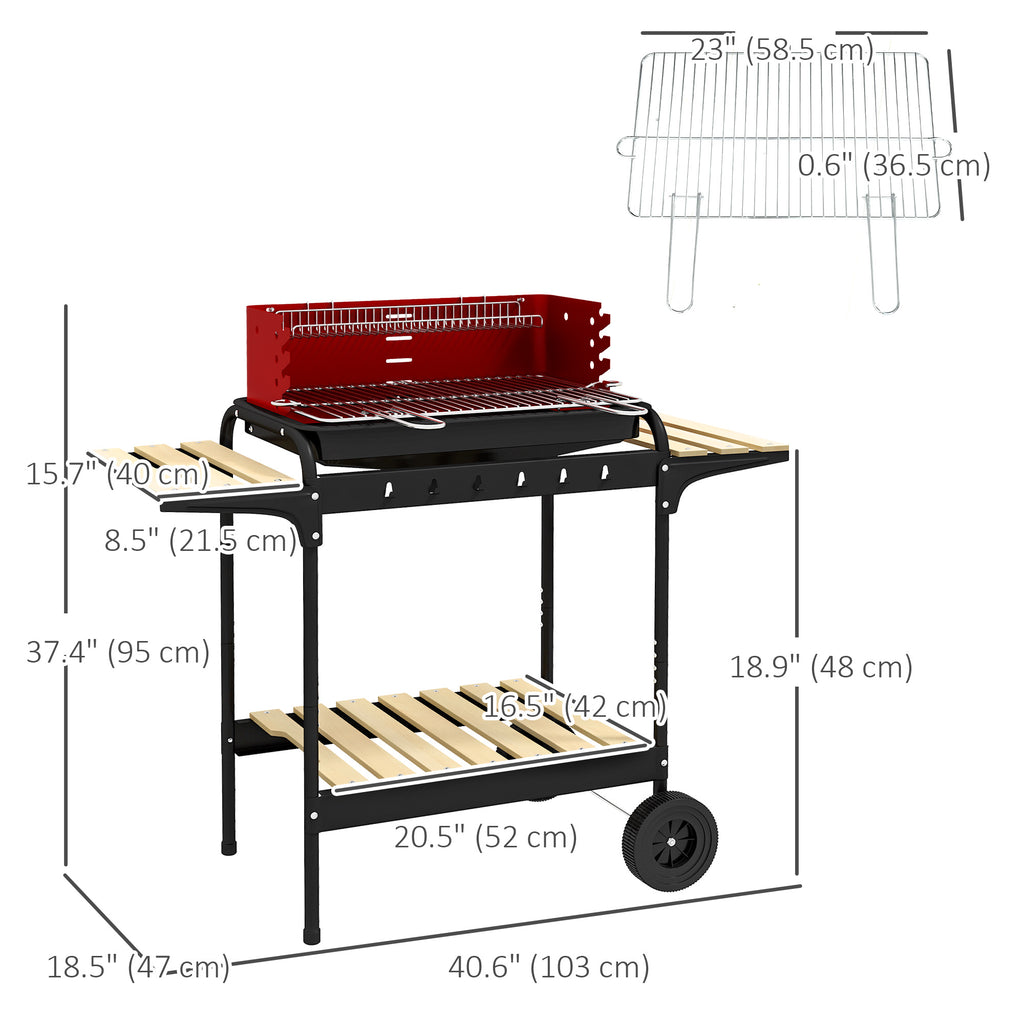 Charcoal Barbecue Grill with Adjustable Grill Height, Portable BBQ Trolley with Ash Catcher and Wheels, Red