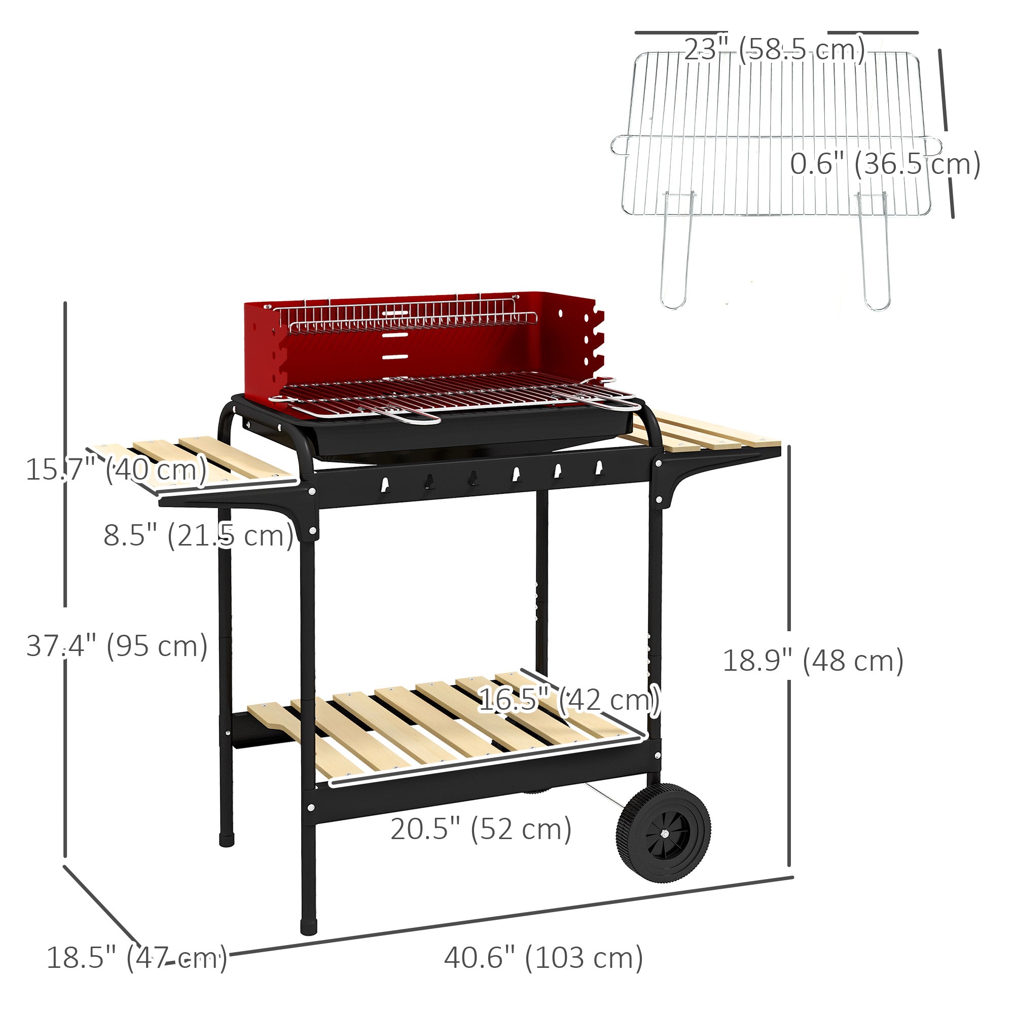 Charcoal Barbecue Grill with Adjustable Grill Height, Portable BBQ Trolley with Ash Catcher and Wheels, Red