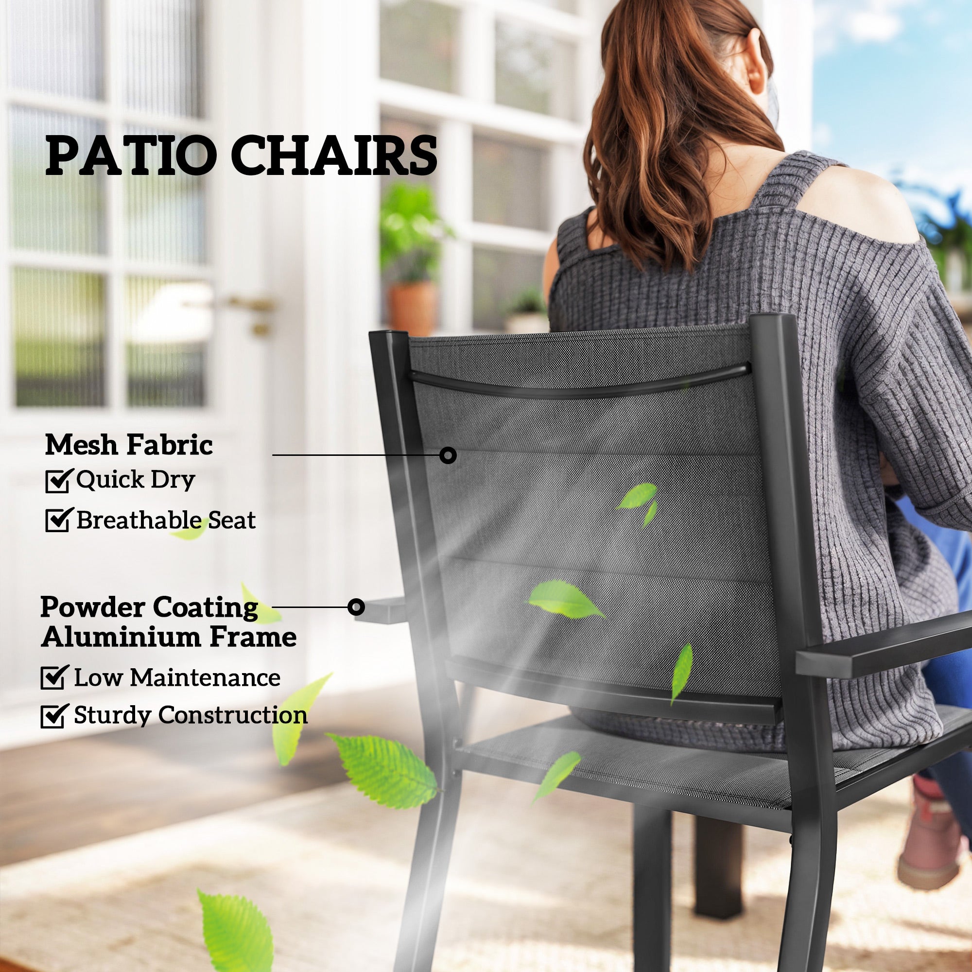 Patio Dining Set for 6, Aluminum Expandable Outdoor Table and 6 Stackable Chairs with Padded Back, Mesh Seat, Black