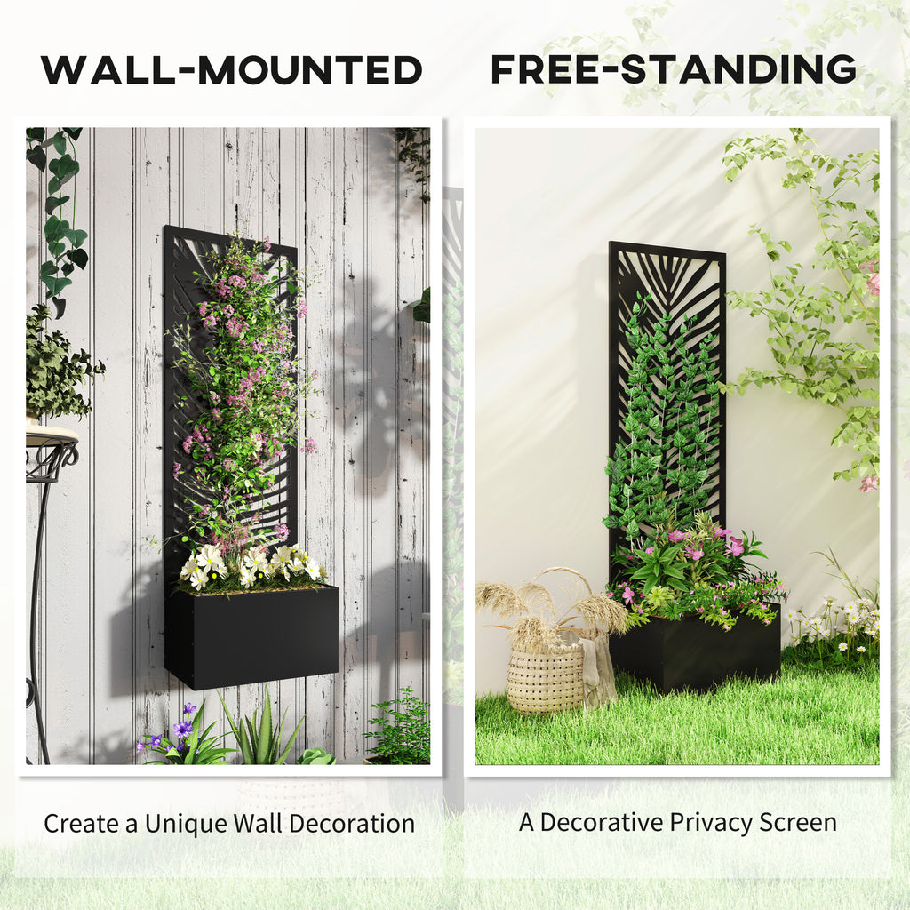 Raised Garden Bed with Outdoor Privacy Screen, Metal Planter Box with Trellis, Wall-Mounted or Freestanding, Black