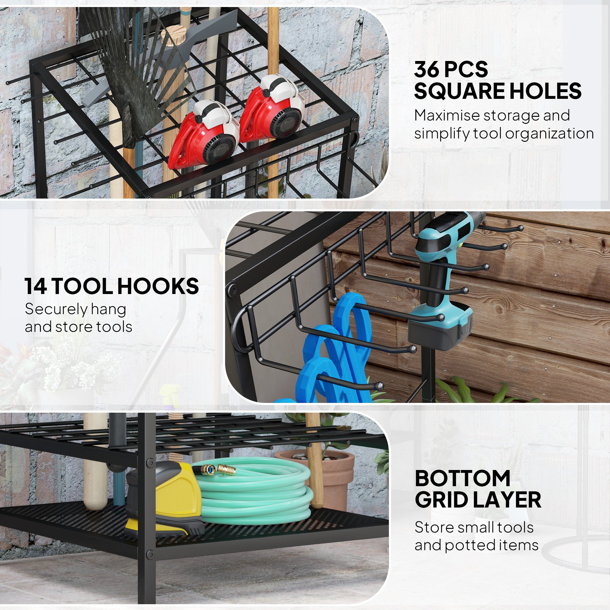 3-Tier Yard Tool Tower Rack, Garden Tool Organizer with 14 Hooks for Long-Handled Rakes, Shovel, Broom, Black