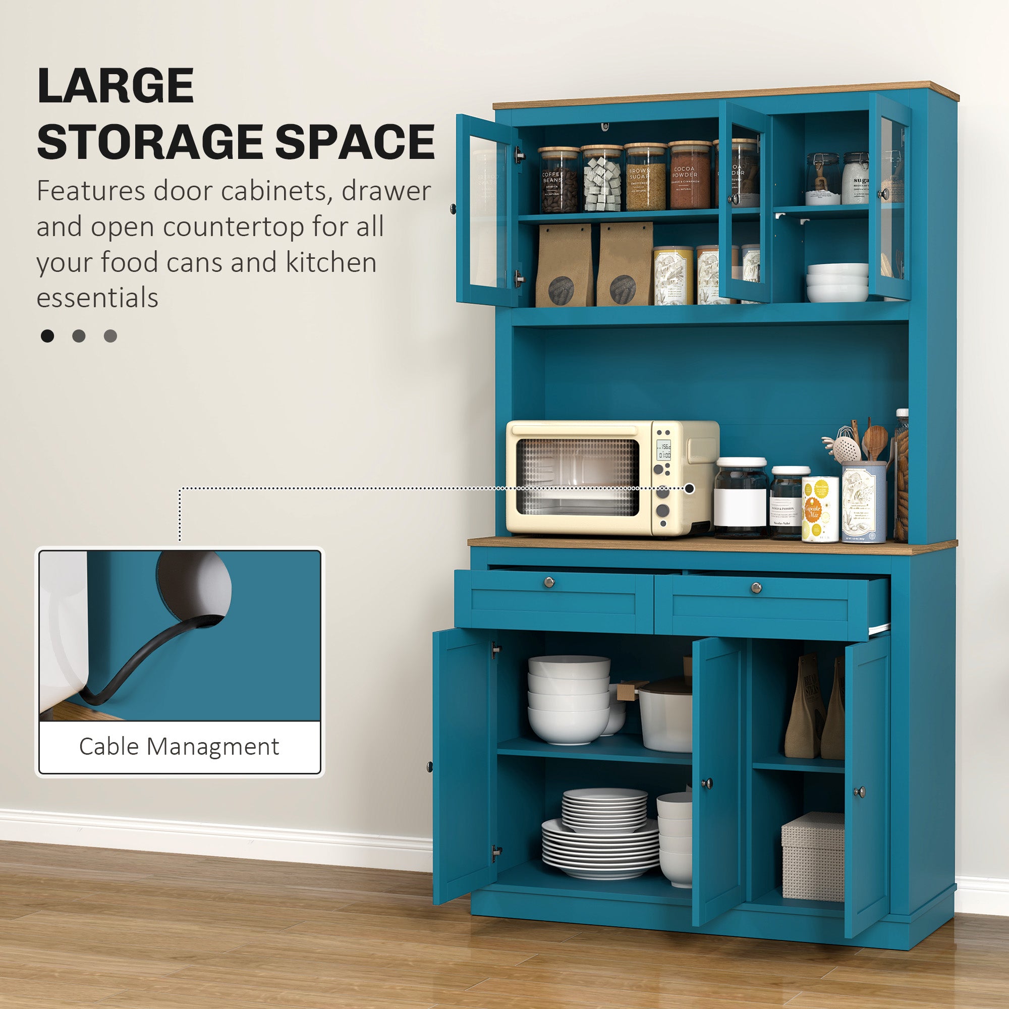71" Pantry Cabinet with Microwave Space, Buffet with Hutch, 2 Drawers, Adjustable Shelves and Glass Doors, Navy Blue