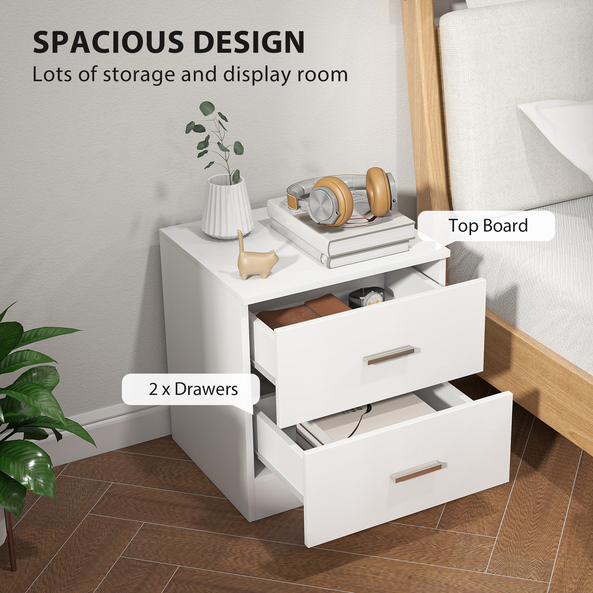 Bedside Table with 2 Drawers, Modern Nightstand for Bedroom, White