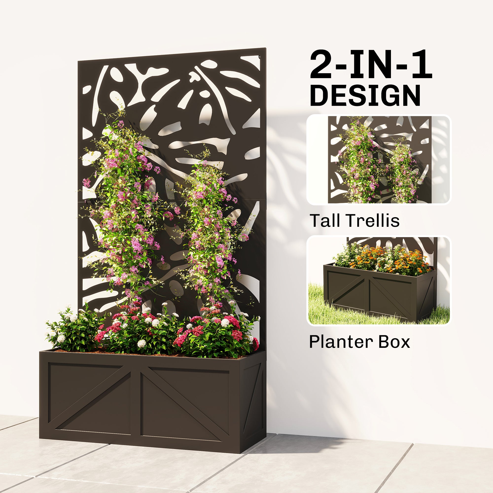 Metal Raised Garden Bed with Trellis for Climbing Plants, Freestanding or Wall Mounted Flower Bed with Privacy Panel