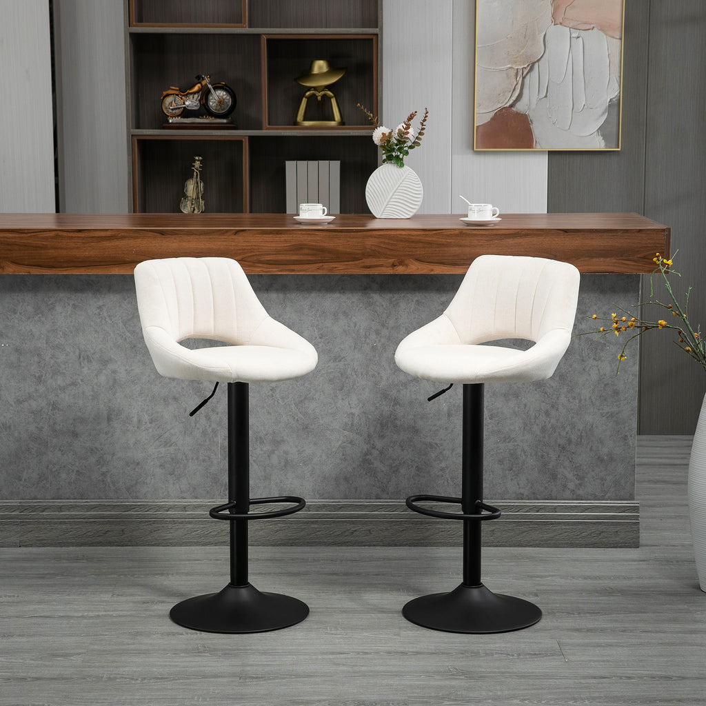 Bar Stools Set of 2, Swivel Counter Height Barstools with Adjustable Height, Linen Upholstered Bar Chairs with Round Metal Base and Footrest, Cream