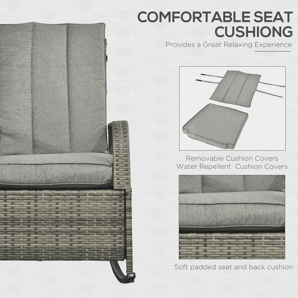 Outdoor Wicker Rocking Chair with Cushion, Patio PE Rattan Recliner Chair with Adjustable Footrest, Armrests, Mixed Grey