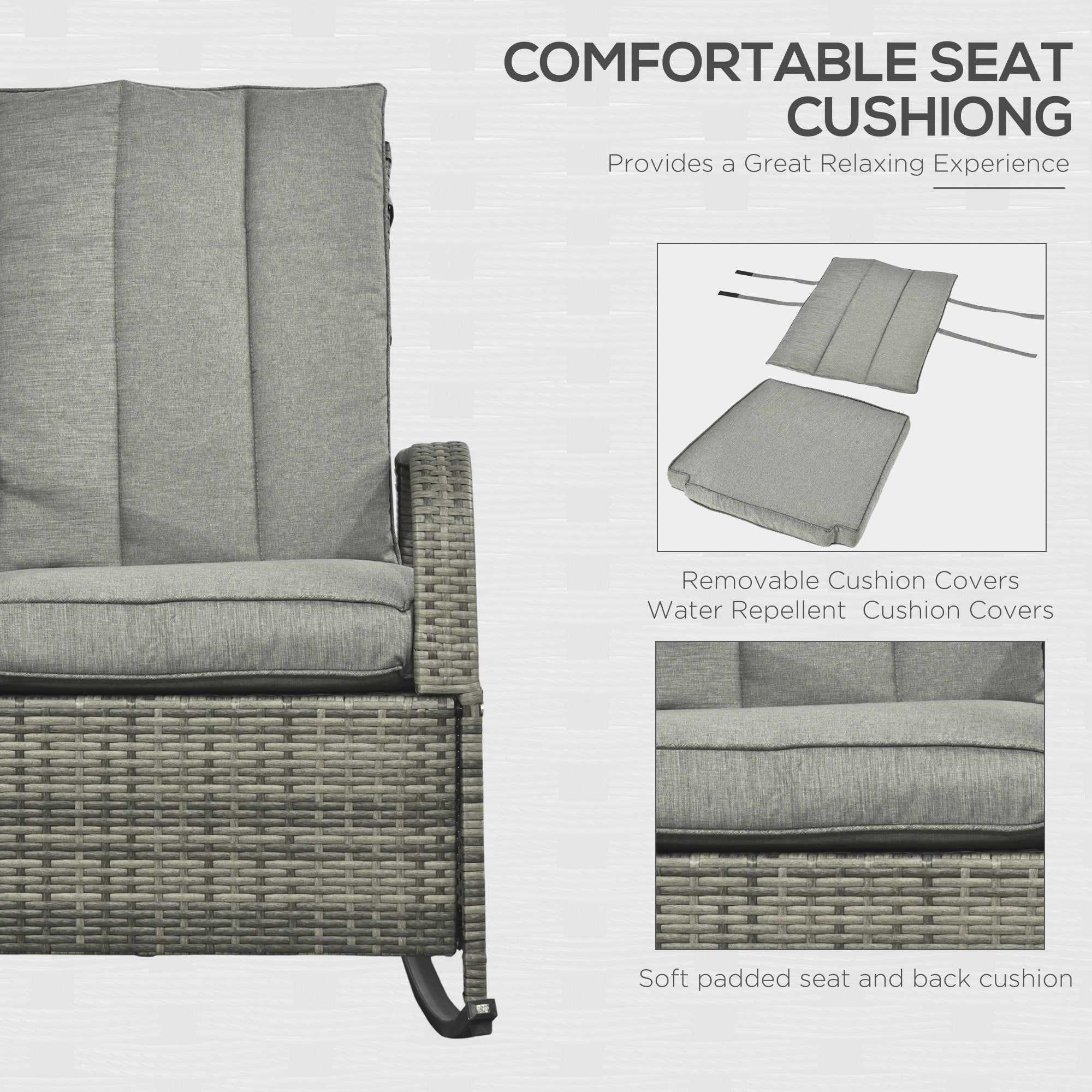 Outdoor Wicker Rocking Chair with Cushion, Patio PE Rattan Recliner Chair with Adjustable Footrest, Armrests, Mixed Grey