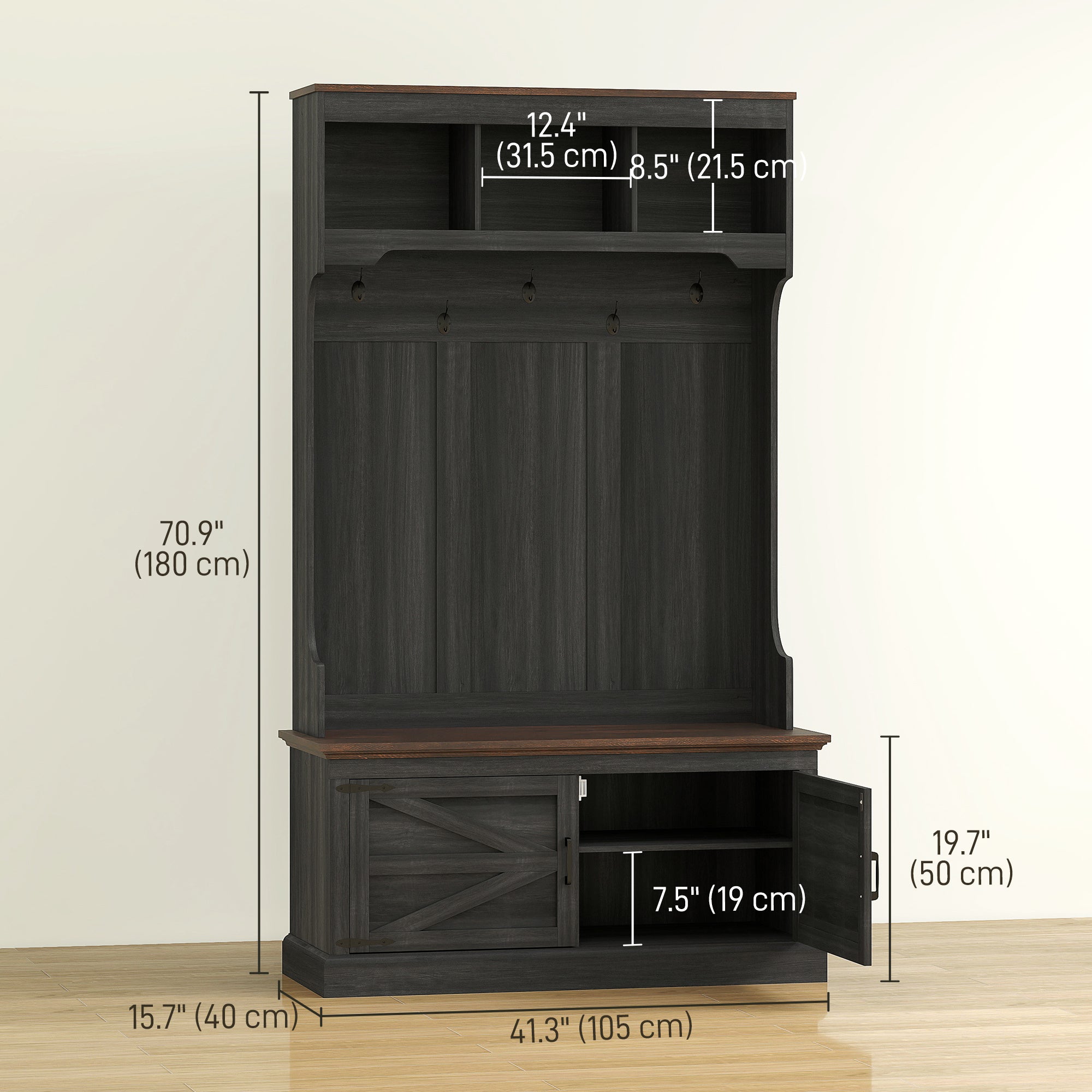 3-in-1 Hall Tree with Bench, Coat Rack with Shoe Storage, Distressed Black