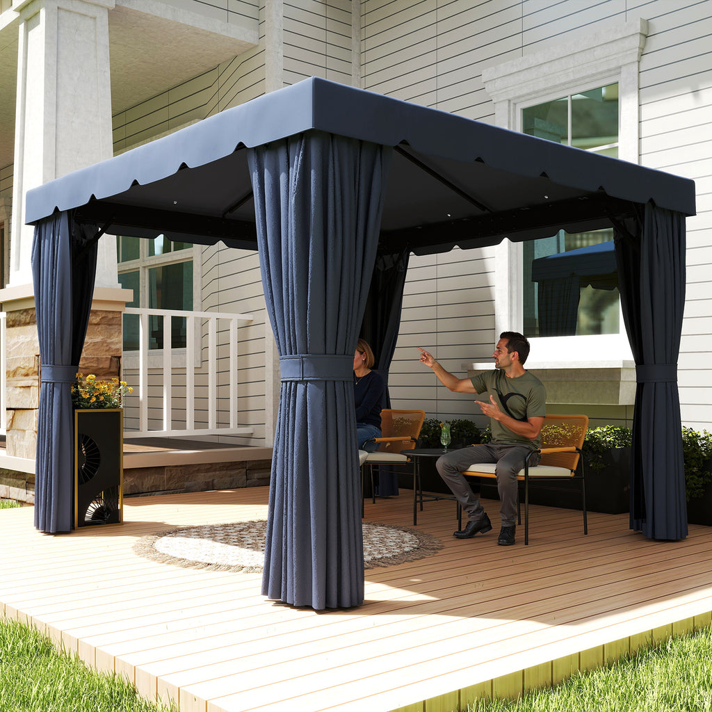 10' x 10' Outdoor Patio Gazebo Double Soft-top Garden Shelter Tent with Curtains, Mesh Screen Drapes, Dark Blue