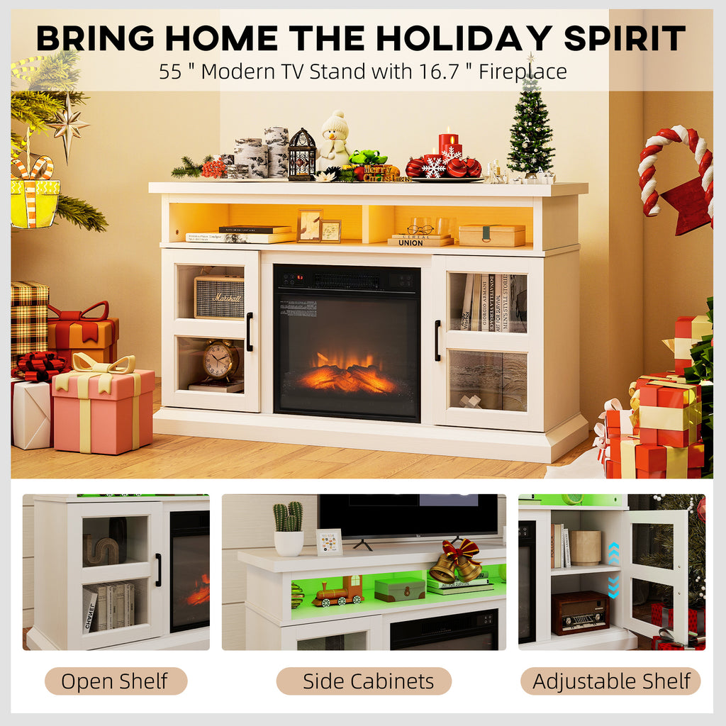 48" Fireplace TV Stand for TVs Up to 55 Inches, Media Entertainment Center with 3D Flame, Adjustable Shelves, White