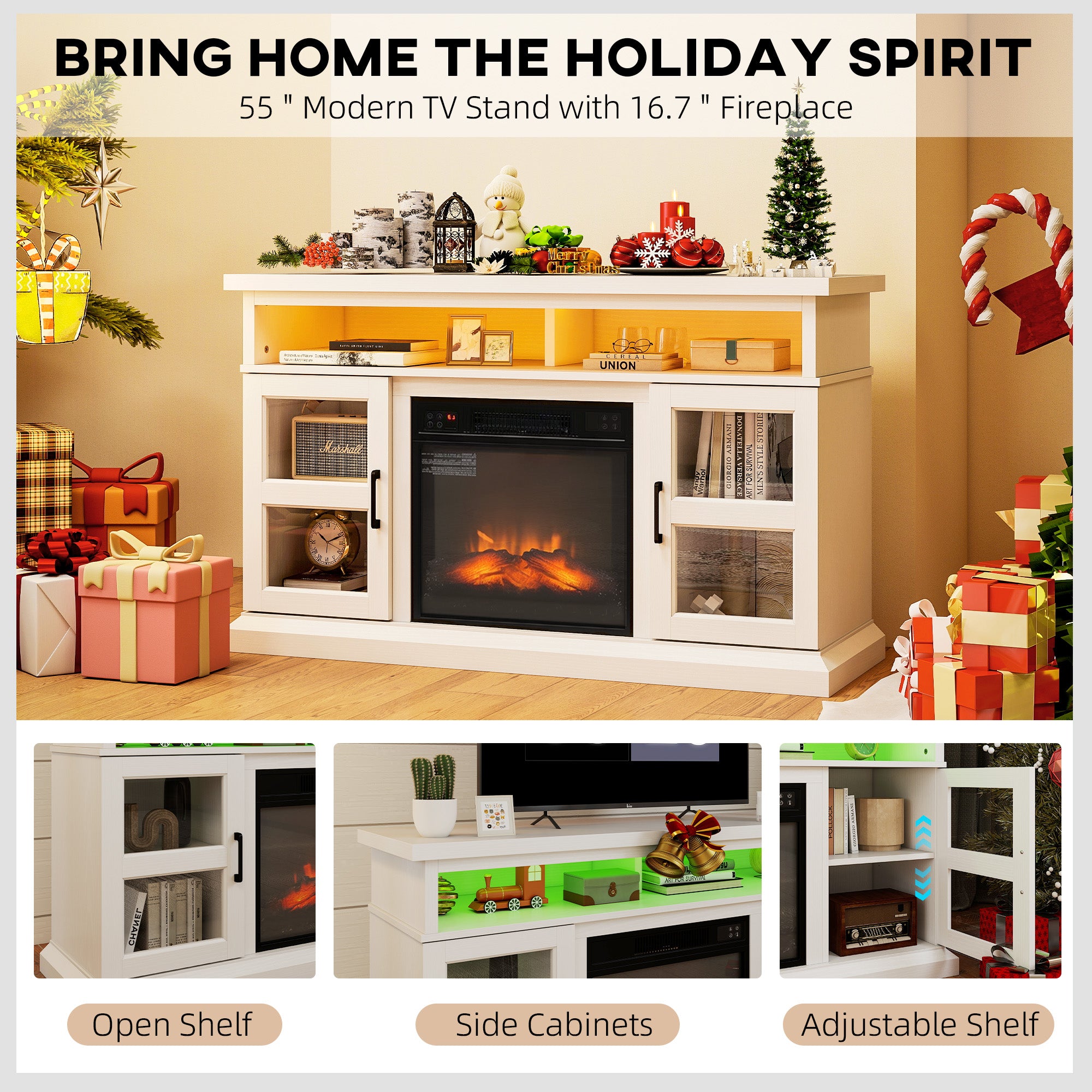 48" Fireplace TV Stand for TVs Up to 55 Inches, Media Entertainment Center with 3D Flame, Adjustable Shelves, White
