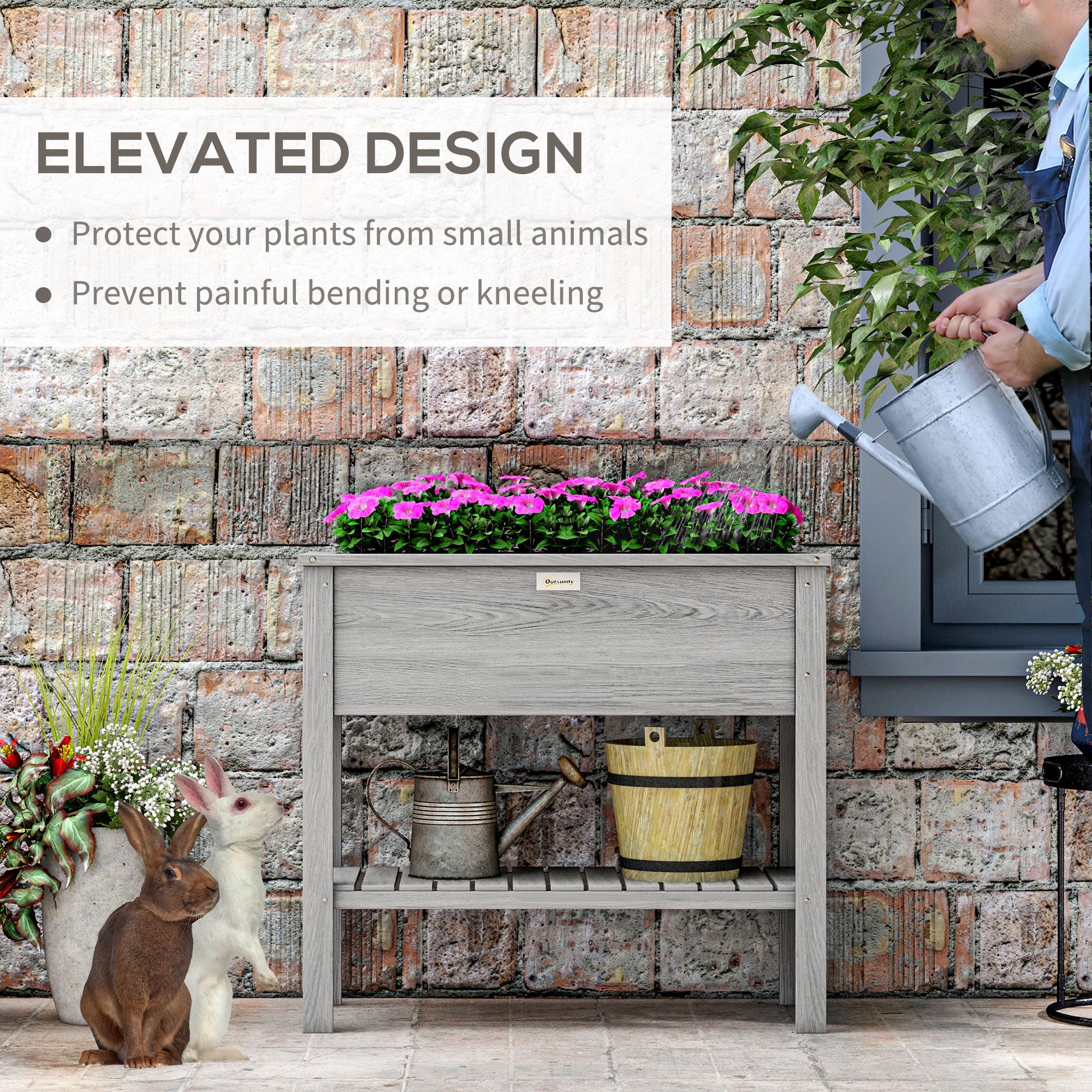 Elevated Planter Box with Storage Shelf for Flowers, Vegetables, and Herbs, 36" x 16" x 32", Grey